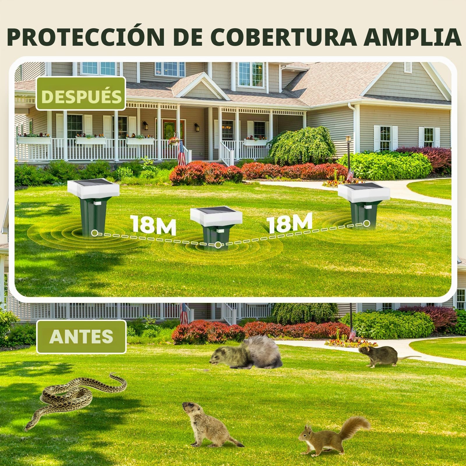 Ahuyentador de Topos, 3 Modos de Vibración Ahuyentador de Ratas con Luz LED, Solar y Impermeable Ultrasónico de Plagas, Topos y Serpientes, per Césped, Patio y Jardín (4, Verde)