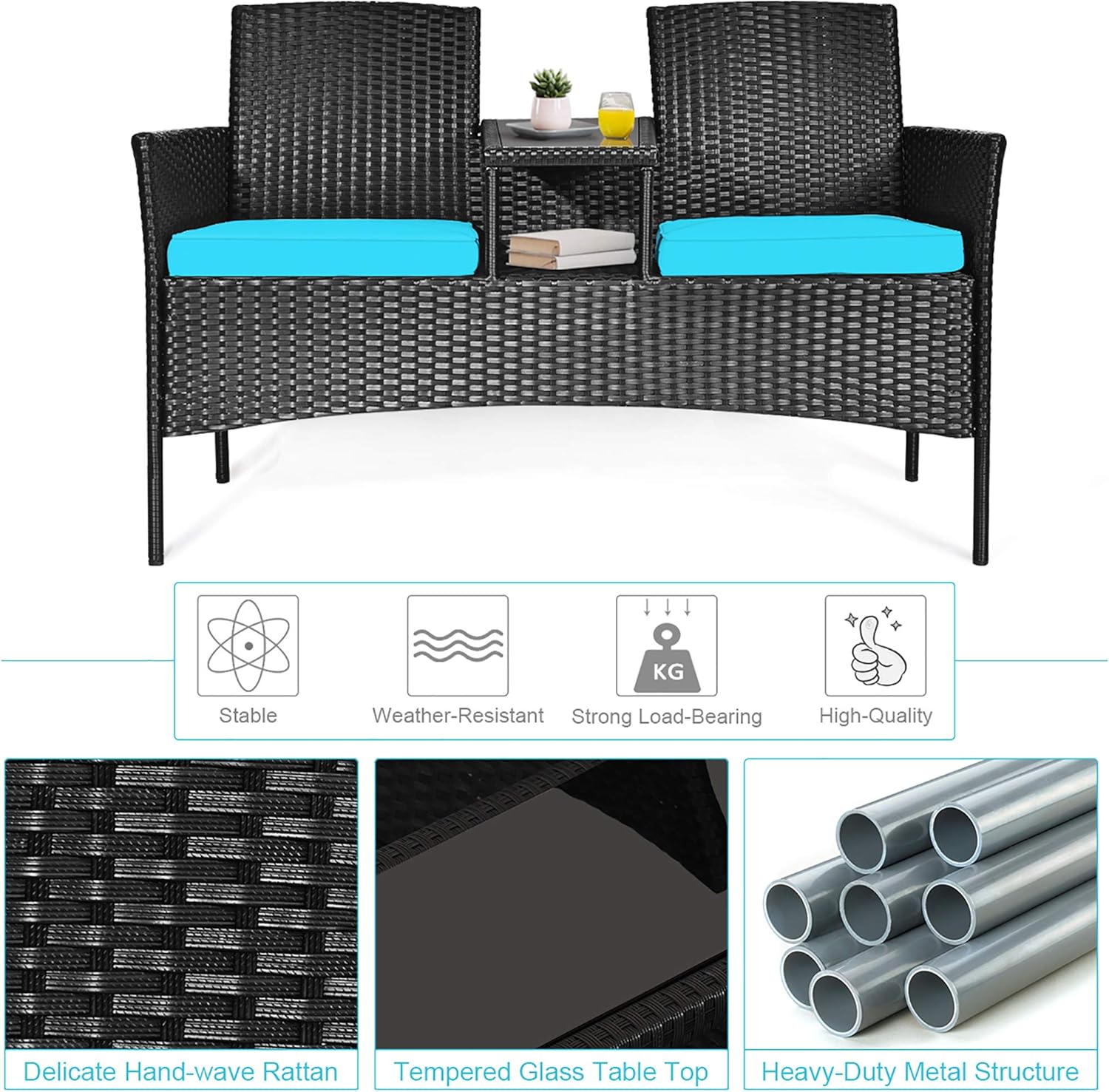 Outdoor Loveseat, 2 Seats Chair with Table, Cushions, Tempered Glass Tabletop, Wicker Patio Conversation Furniture Set, Modern Rattan Sofa for Garden Lawn Backyard (Turquoise)