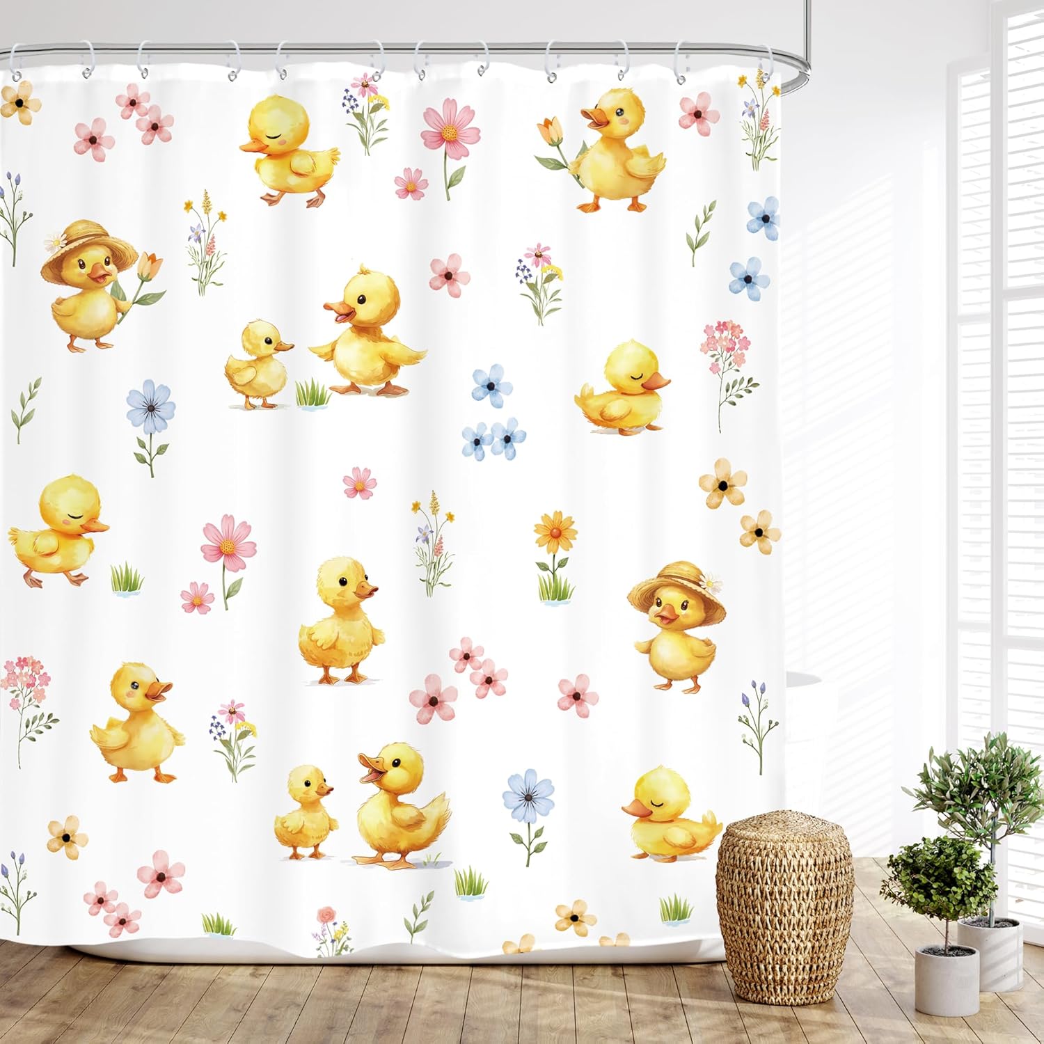 Glawry Funny Yellow Duck Shower Curtain Cute Animal Cartoon Lovely Plant Floral Toddler Teens Nursery Bathroom 60Wx72L Inches Bath Accessories Art Home Decor Fabric 12 Pack Hook