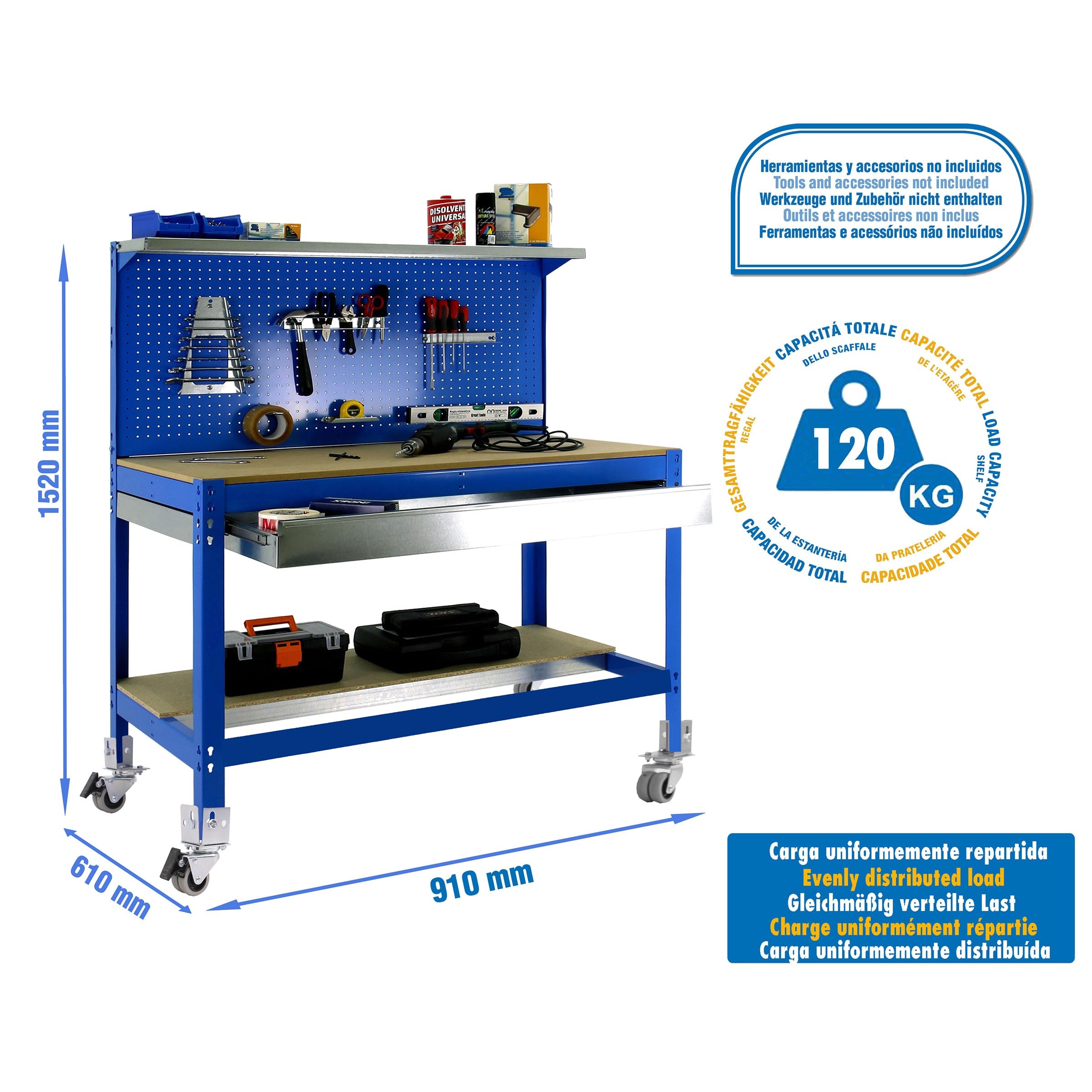 Simon Rack Banco de Trabajo Taller con Ruedas 910x610 mm - BT3 | Panel Perforado y Cajón, Tablero madera 16 mm, Capacidad Carga 120 kg, Azul , Pintura anticorrosión, Montaje sistema clic