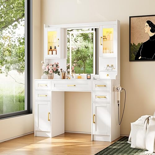 Miniatura 14 de NUNU LAB Escritorio pequeño de tocador con espejo iluminado por LED, juego de mesa de tocador 3 en 1 con espejo superior abatible, juego de mesa de