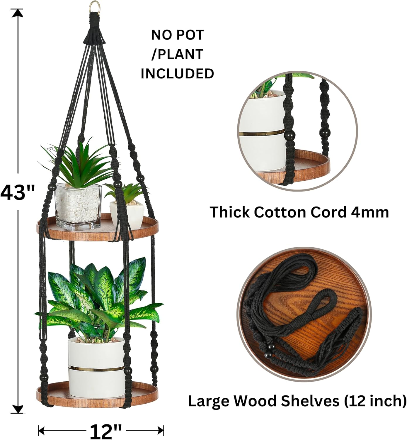2 Tier Macrame Plant Hanger | Plant Hanger Indoor, Hanging Planter | Hanging Planter Shelf (Large, 12" Shelf)