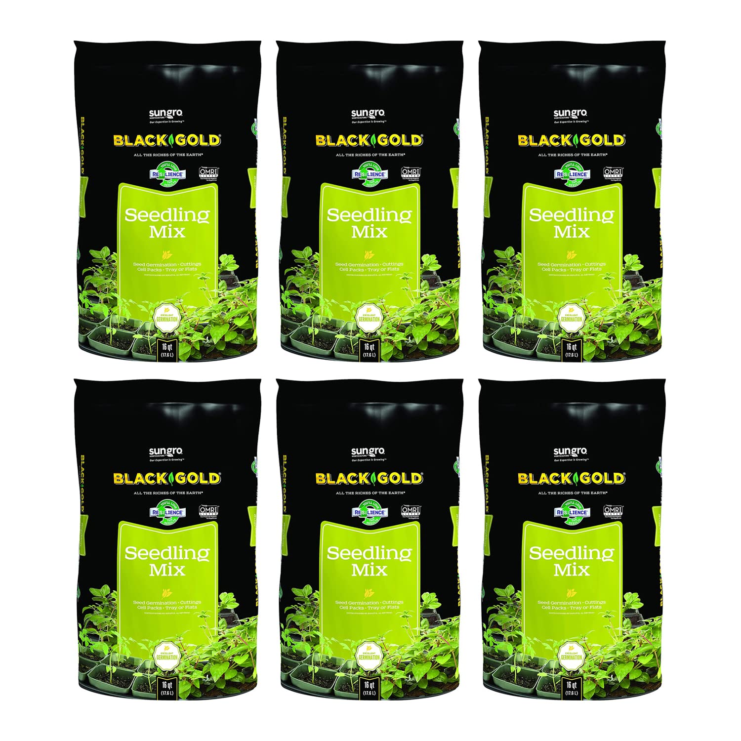 Sun Gro Black Gold Seedling Germination Mix for Seeds, Cutting, Vegetables, and Herbs, 16 Quart Bag (6 Pack)
