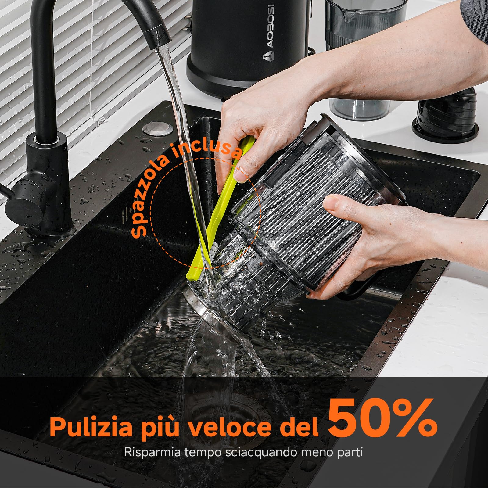 AOBOSI Estrattore frutta e verdura, 135MM XXL Grande Canale di Alimentazione per Frutta e Verdura Intere - Capacità 1,5L, 200 W Slow juicer, Triplo Filtro