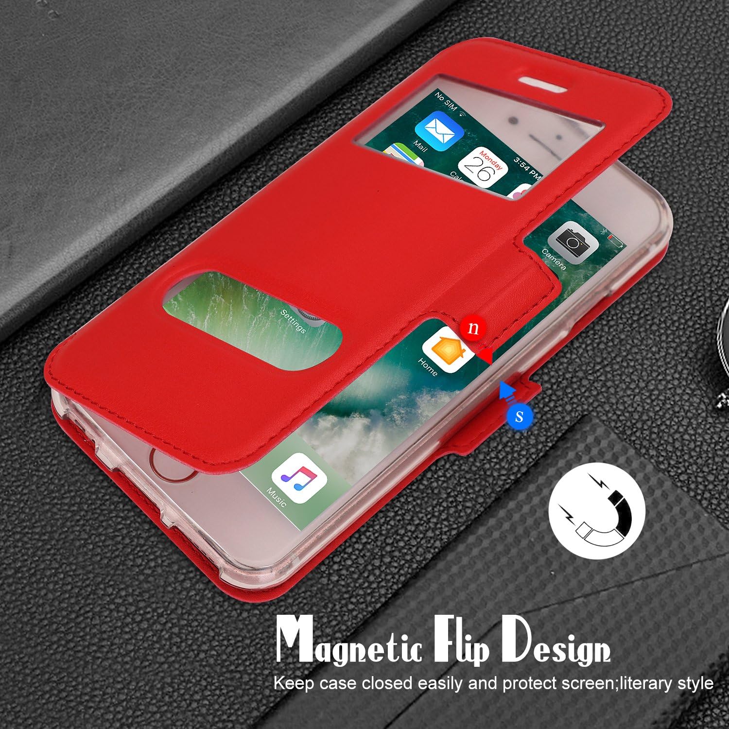 FYY Designed for iPhone SE Case 2022 (3rd Gen) / iPhone SE Case 2020 (2nd Gen) / iPhone 7 Case/iPhone 8 Case, Magnetic Flip Phone Case with Window View and Kickstand Function Red