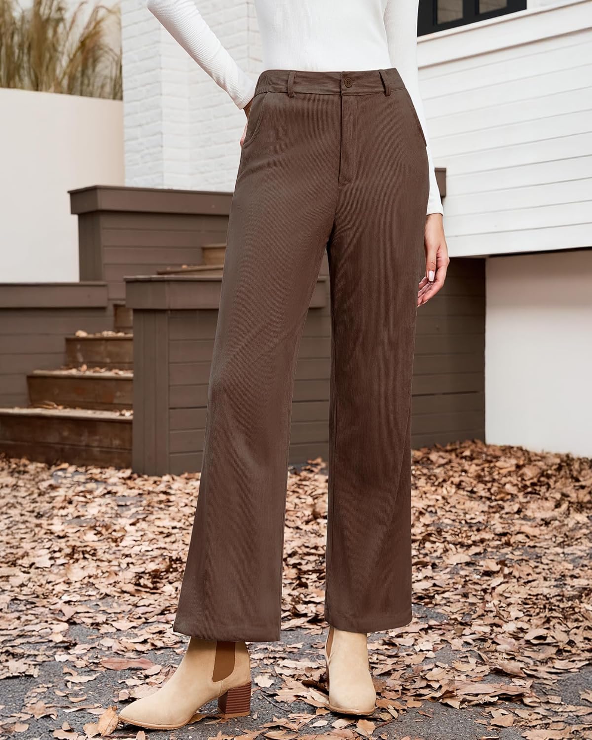 LookbookStore Corduroy Pants for Women High Waisted Wide Leg Elastic Waist Casual Work Pants Fall Trousers with Pockets - Image 2