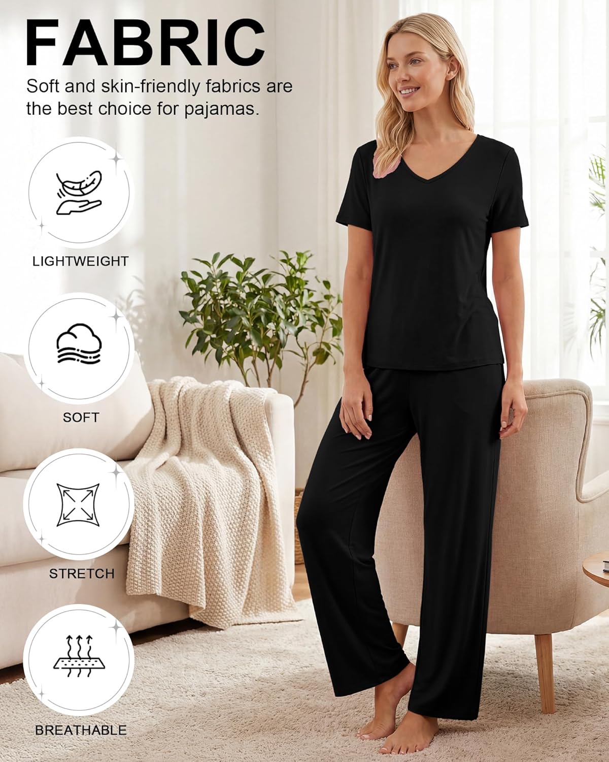 3 Pack Women's Pajama Set Short Sleeve Pajamas Top and Pants V Neck Soft 2 Piece Pjs Set Loungewear with Pockets