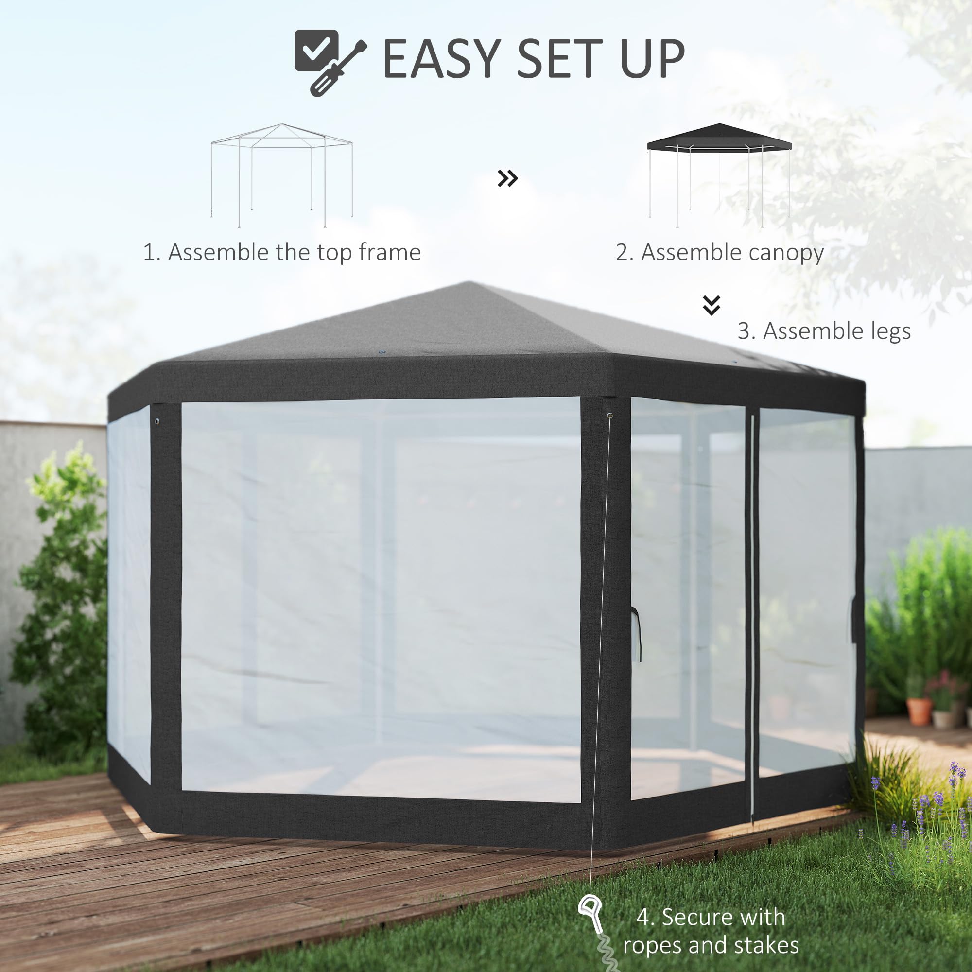 Outsunny 4M Hexagon Gazebo, Netting Party Tent, Patio Canopy Outdoor Event Shelter for Activities, Shade Resistant