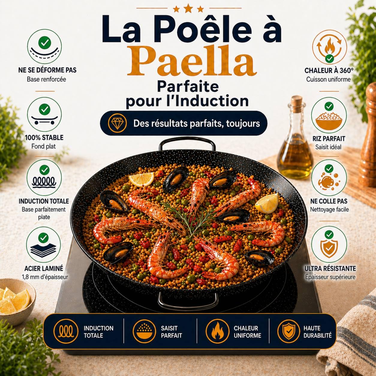 TEHORNEO Paella, Poele Paella en Acier Émaillé 32 cm 4-5 portions, Plats, Poele, Plat Induction, Compatible avec Plaques à Induction, Vitrocéramiques, Gaz