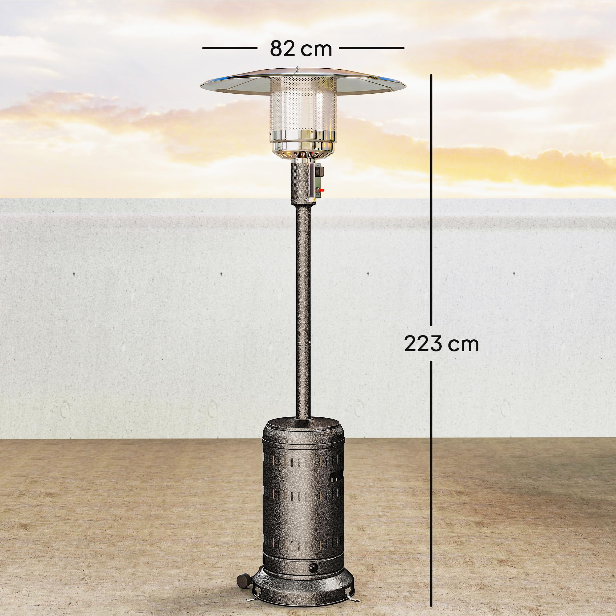 Outsunny Stufa a Gas/Propano da Esterno 11kw, con Spegnimento Automatico e Rotelle, Riscaldatore da Esterno Portatile, per Patio, Giardino e Terrazzo, 82x82x223 cm, Marrone Scuro