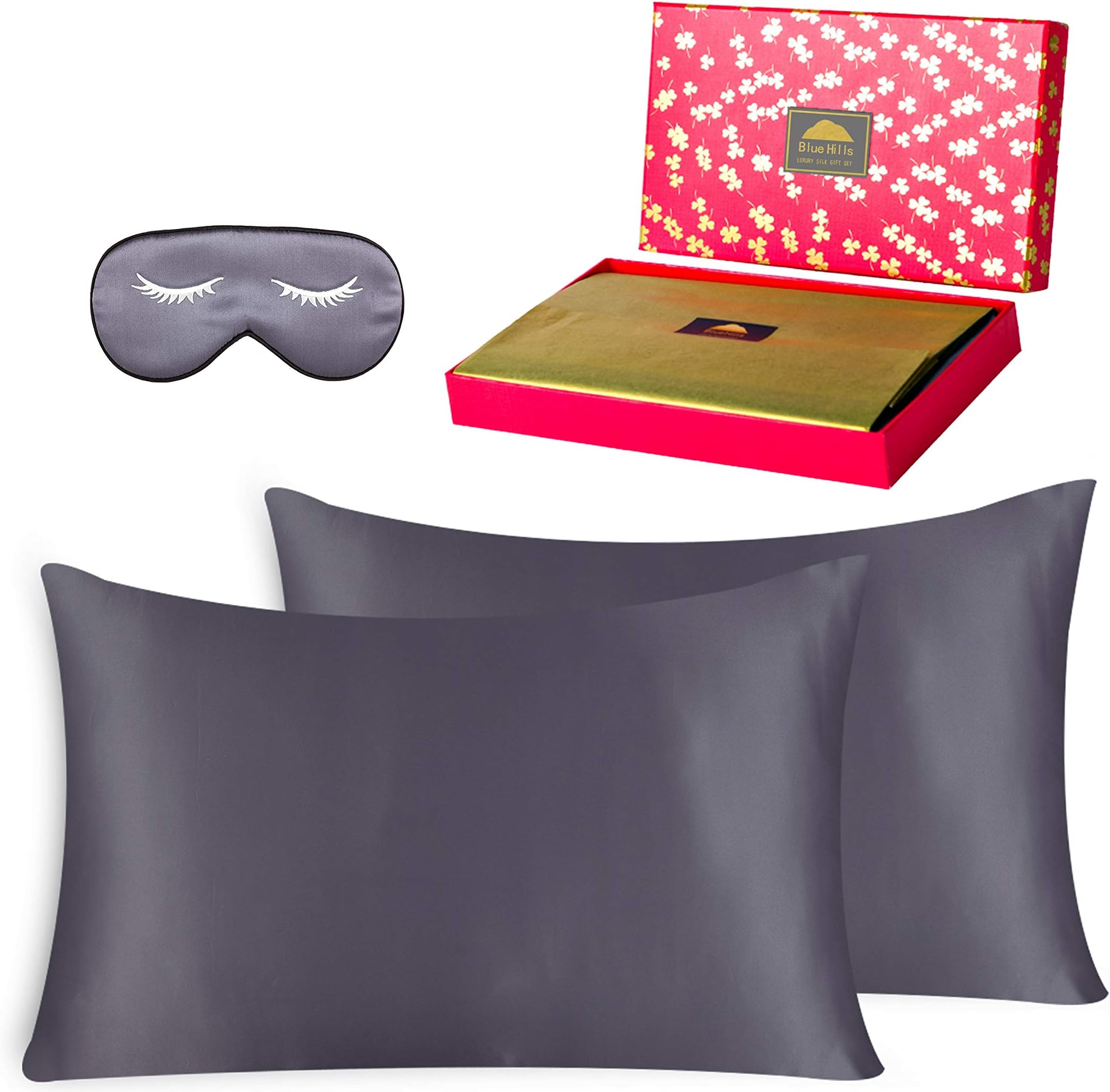 - BlueHills 22 Momme 100% Pure Mulberry Natural Soft Both Sides Silk Pillowcase for Hair and Skin Hidden Zipper Smooth Silk Pillow Case with Sleeping Mask Gift Set (Gift Pack 3 Piece King, Dark Grey)