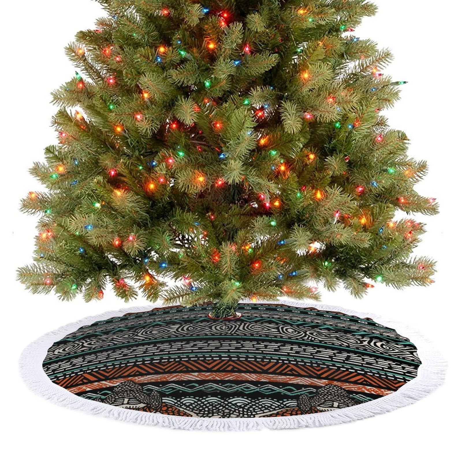 Ethnic Turtle Striped Christmas Tree Skirt 48" Rustic Xmas Tree Mat with Tassel Ornament Christmas Trees Cover Skirt Mat for Evergreen Trees Ornament Winter Holiday Mats Decorations