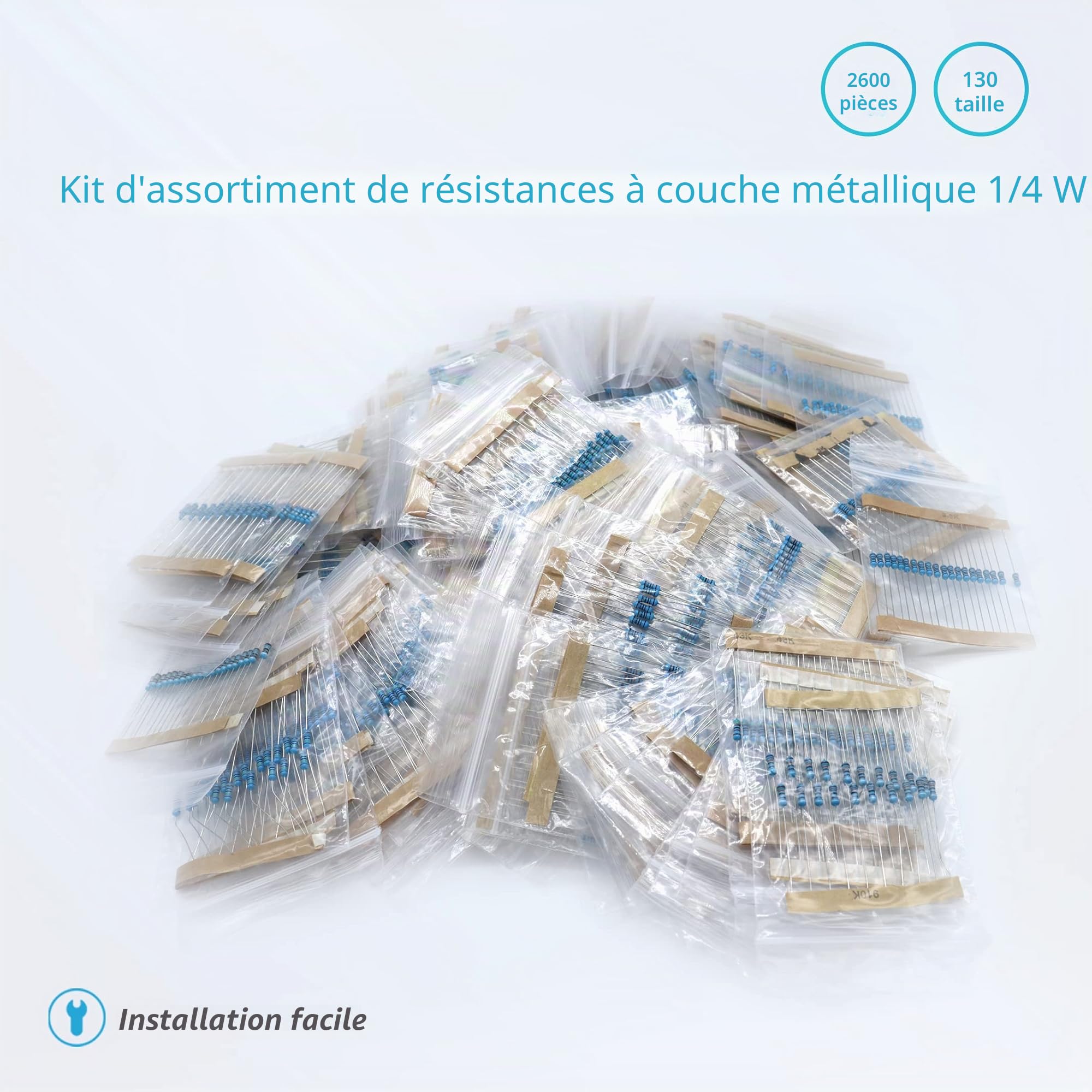 Kit Combiné de Résistances, 1 Ohm-3M Ohm, kit de Résistance à Film Métallique 1/4 (Valeur 130 2600 Pièces)