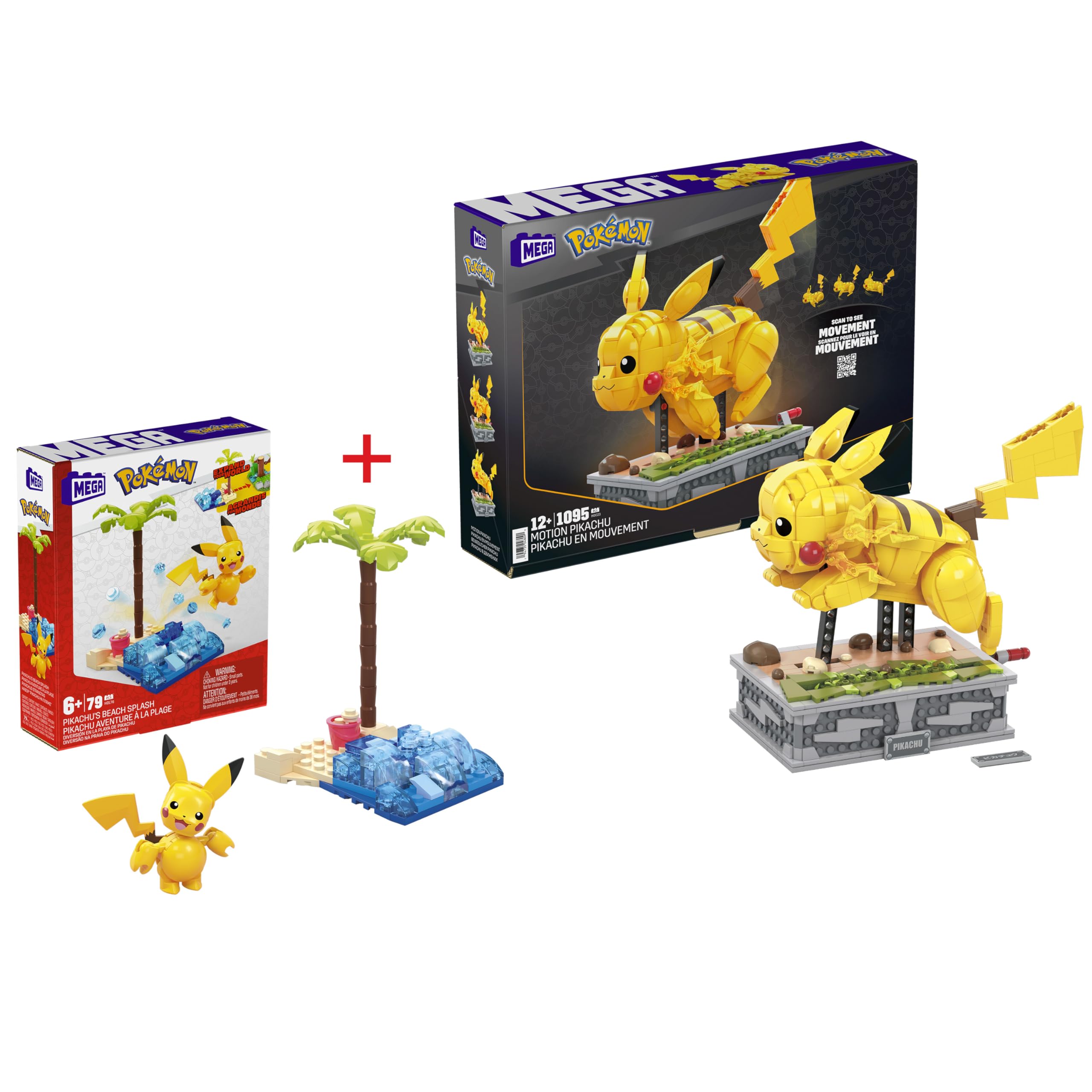 MEGA BLOKS - Bundle Pack - Pikachu with 1092 Pieces and Running Movement (HGC23) + Pikachu’s Beach with 79 compatible bricks and pieces (HDL76). Toys for Adults and toy gift for ages 7 and up.