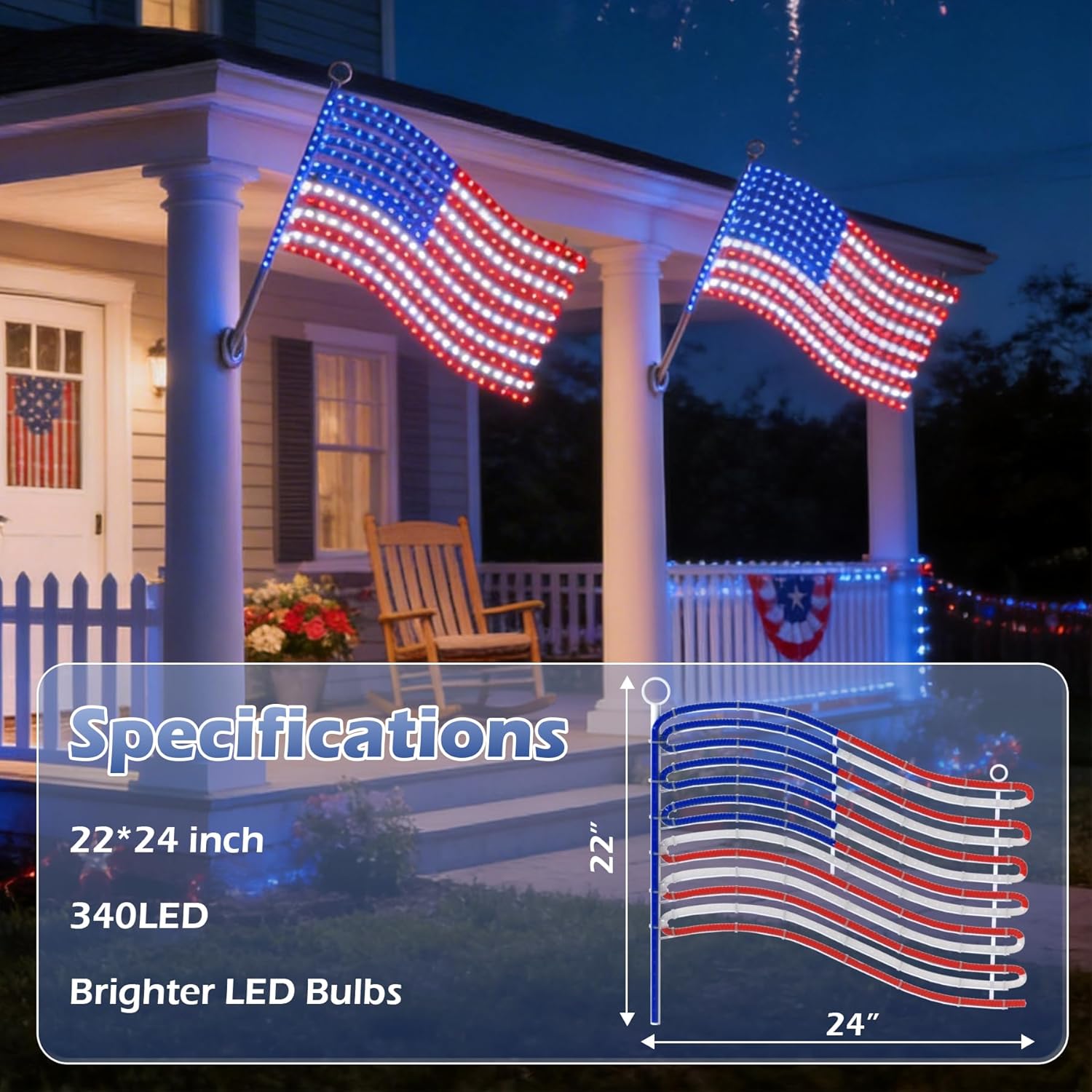 LED American Flag Lights for Wall Pole, Light Up US Flags, 24"x21.65" Lighted Flag with 340 LEDs Red, Blue, White Colors, Waterproof Banner for Indoor Outdoor Memorial Day Daily Decor