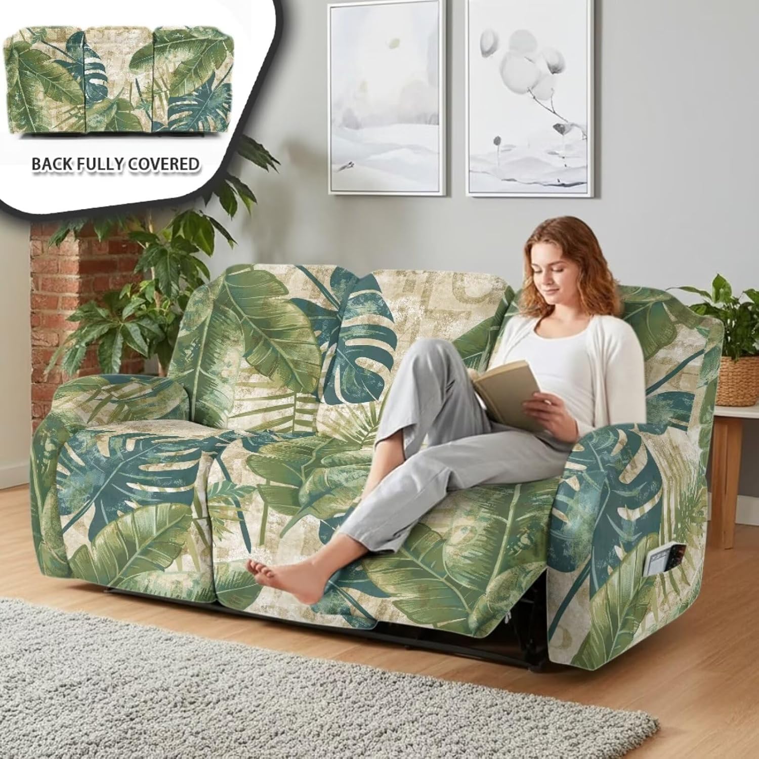 Recliner Couch Covers Stretch 3 Seater Reclining Chair Cover with Pocket, Washable Reclining Sofa Slipcover Scratch-Proof Furniture Protector Pet Friendly, Tropical Leaf Print
