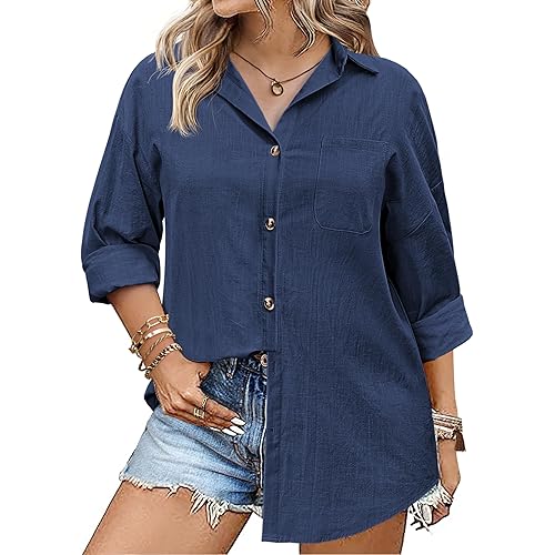 IN'VOLAND Womens Plus Size Linen Button Down Shirts Long Sleeve Cotton Casual Collared Shirt Loose Blouses Tops with Pocket