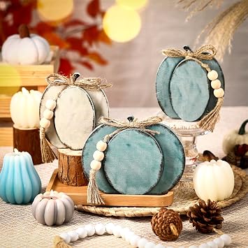 Cinnvoice 3 Pcs Fall Pumpkin Decor, Blue Rustic Pumpkin Tabletop Decor