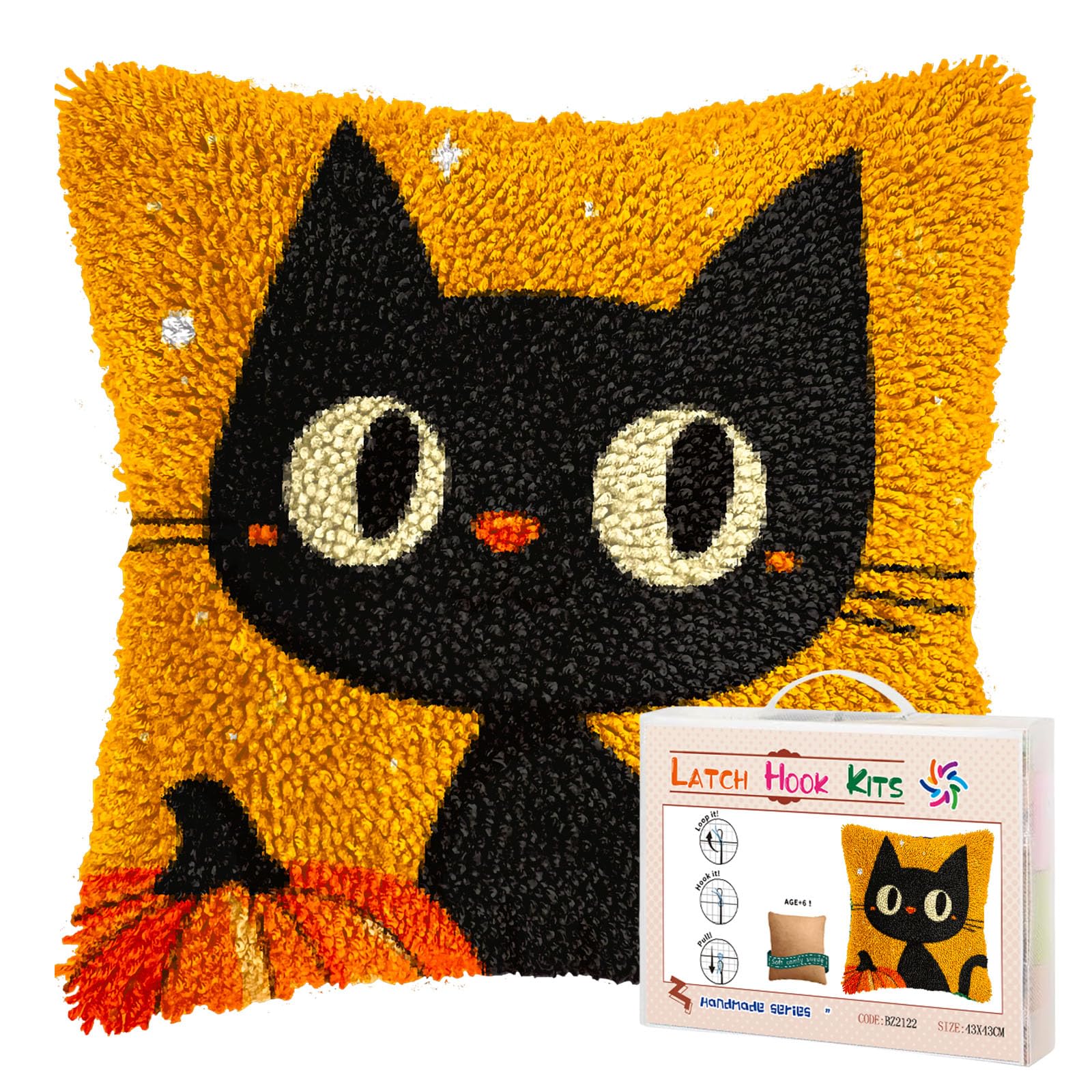 Latch Hook Pillow Kits for Adults Cartoon Cute Happy Halloween Black Cat DIY Pillow Cover Printed Pillowcase Crochet Yarns Hooking Handmade Cushion for Home Sofa Decor 17x17inch(16)