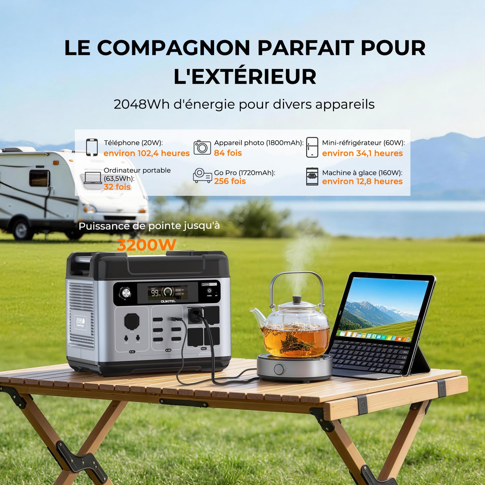 OKITEL P2001 PRO Station d'énergie portable 2048 Wh générateur solaire 3200 W haute puissance Source de réserve entrée solaire 1000 W Réserve électrique domestique