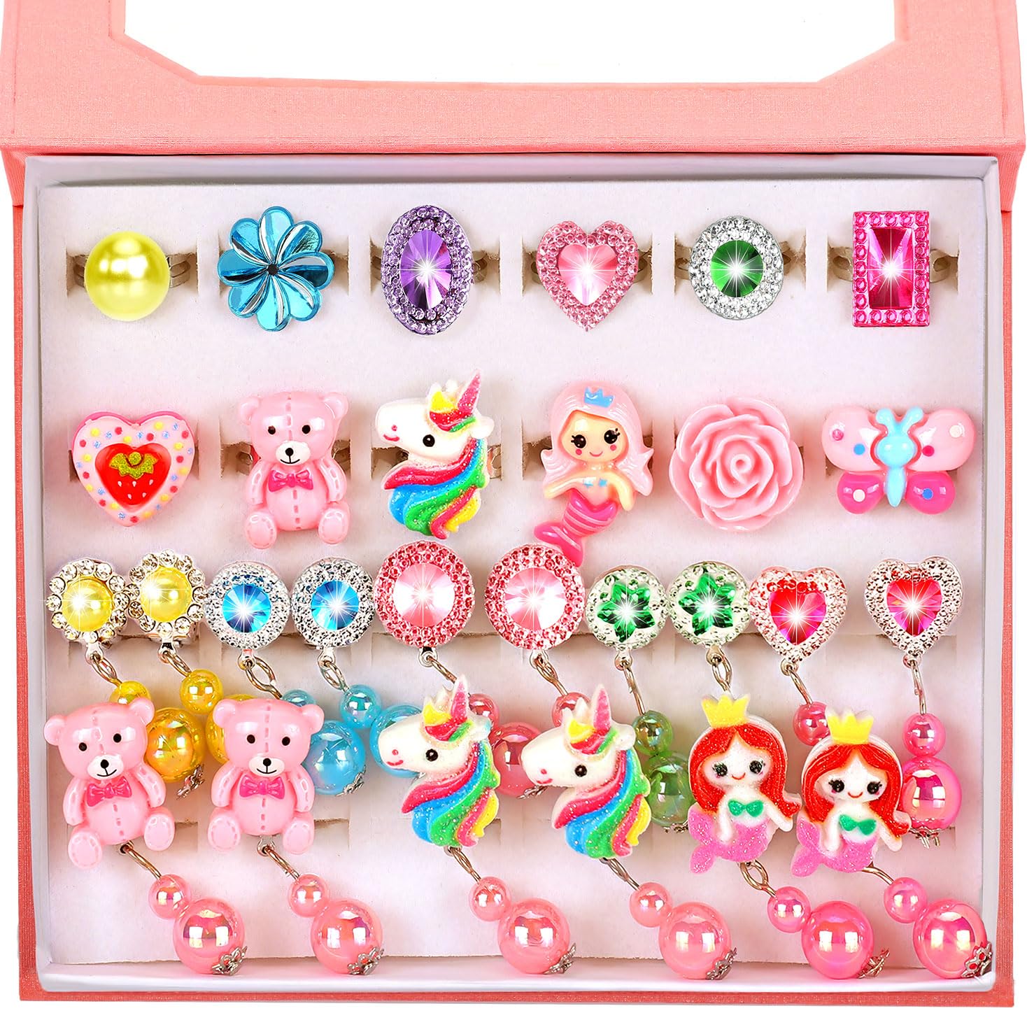 Jewelry Girl Toys for Ages 2-4, Adjustable 28 Lovely Rings for Kids, Clip On Earrings in Gift Box, 2 3 4 5 6 7 8 Year Old Girls Christmas Birthday Gifts, Toddler Toy for Princess Dress Up, Party Favor