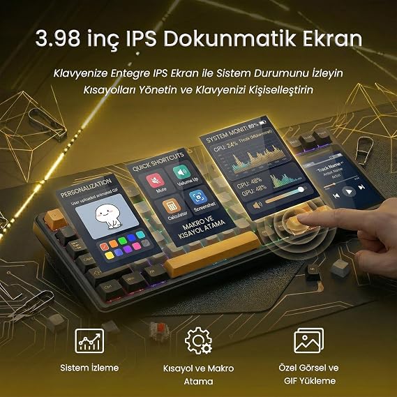 Aula L99 4 Akıllı Dokunmatik Ekranlı 3 Modlu RGB Hot Swap Raindrop Switch Mekanik Kablosuz Oyuncu Klavyesi Kırmızı