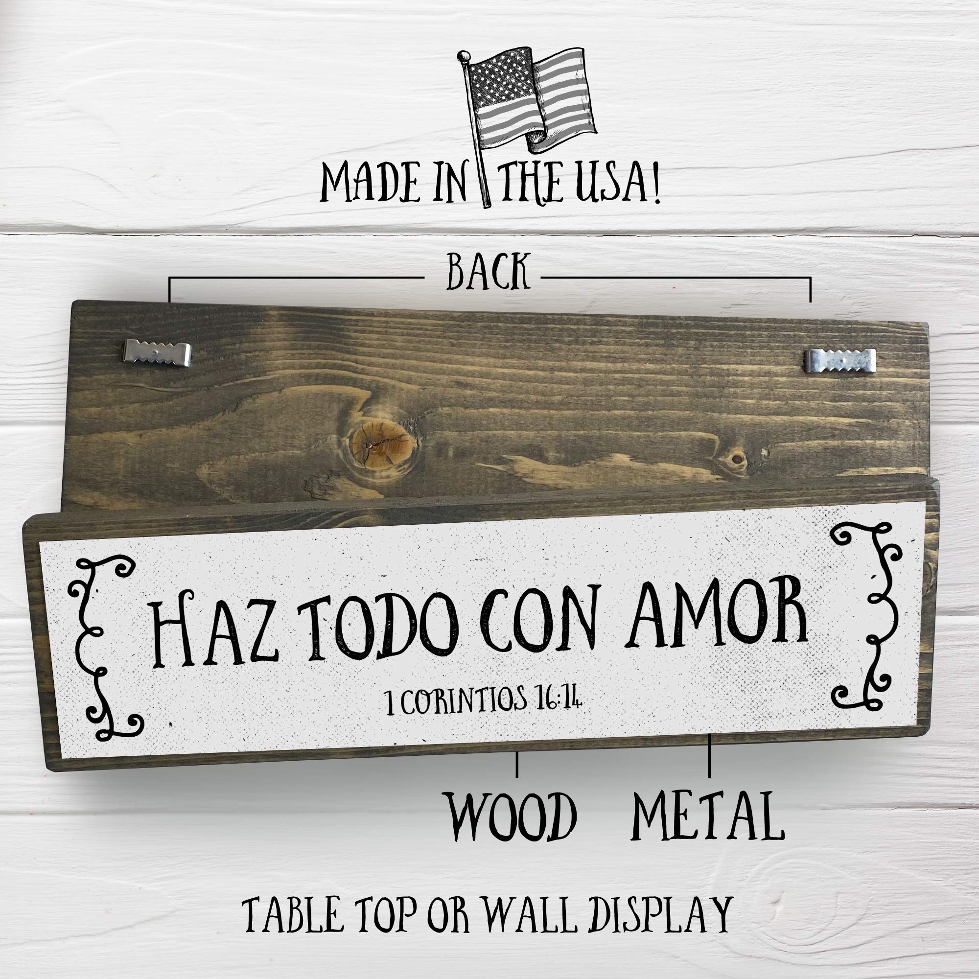 ANVEVO Haz Todo Con Amor – Verso de la Biblia Española – mensajes cristianos para decorar – Cartel de metal y madera