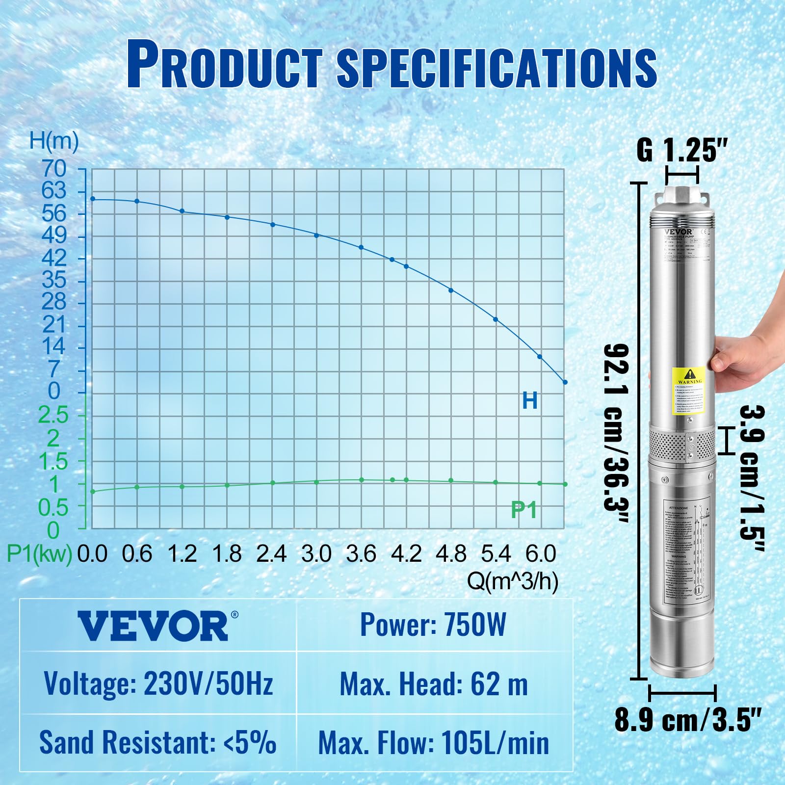 VEVOR Bomba de Pozo Profundo 750 W Sumergible 230V 50 Hz 105 L/min