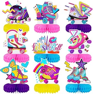 PHOGARY 9PCS Roller Skating Honeycomb Centerpieces Roller Skating Party Favors,Roller Skate Party Decorations Skateboard Table Toppers Skate 3D Decors for Skates Birthday Roller Skating Party Supplies