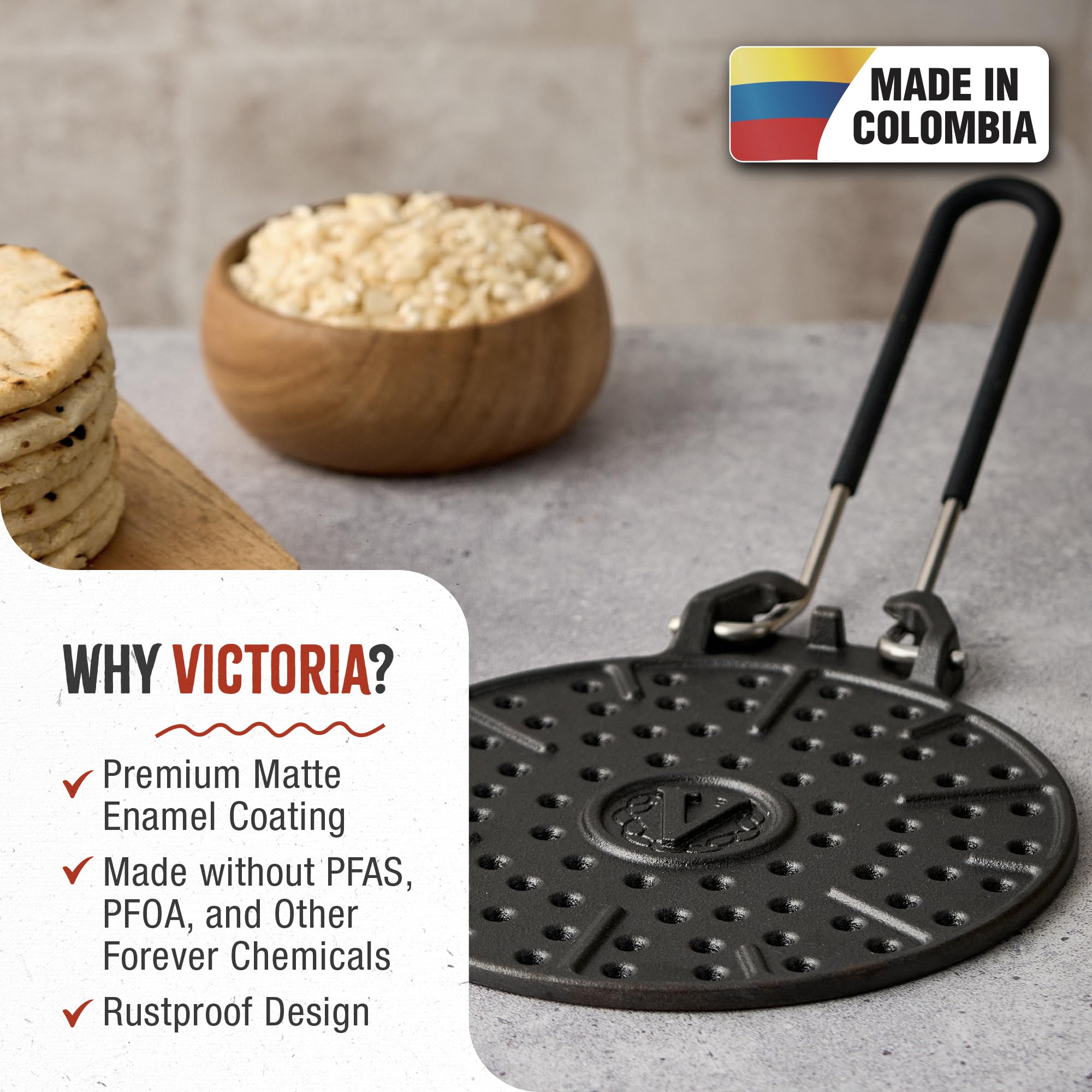 Victoria Parrilla para Arepas de Hierro Fundido Esmaltado, 20 cm, Antiadherente Natural, Arepera Libre PTFE Y PFOA, Asador Difusor de Calor Apto para Inducción, Vitrocerámica, Gas, Horno, Barbacoa