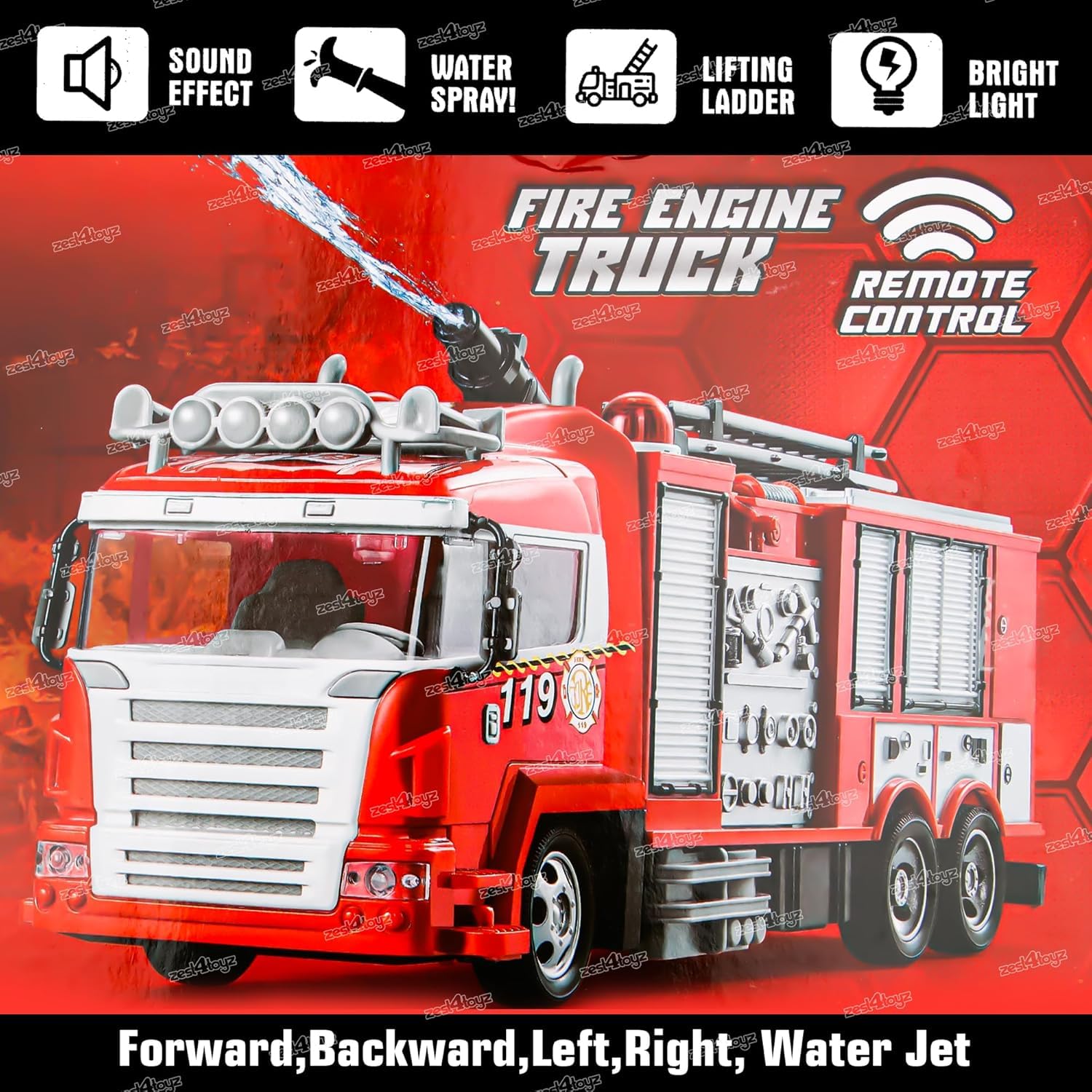 Zest 4 Toyz Remote Control Fire Truck Smoke Spray Fire Brigade Rescue Truck 2.4 Ghz with Mist Water Spray Function Remote Control Toy for Kids - Red - Image 2 thumbnail