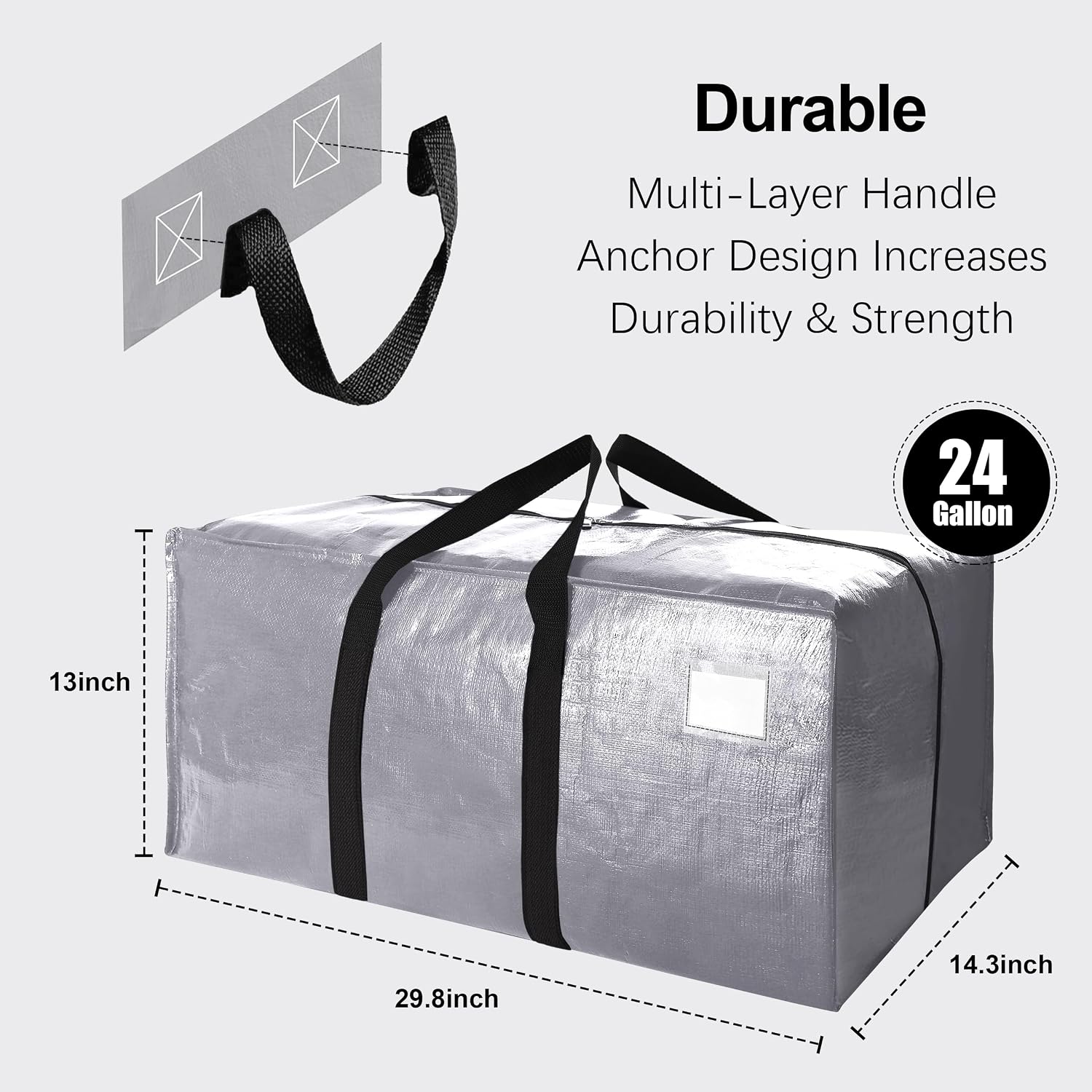 VELVETSURE Heavy Duty Extra Large Moving Bags W/Backpack Straps - Strong Handles & Zippers, Storage Totes For Space Saving, Fold Flat, Alternative to Moving Box and Storage Bin (Set of 6, Silver) thumbnail