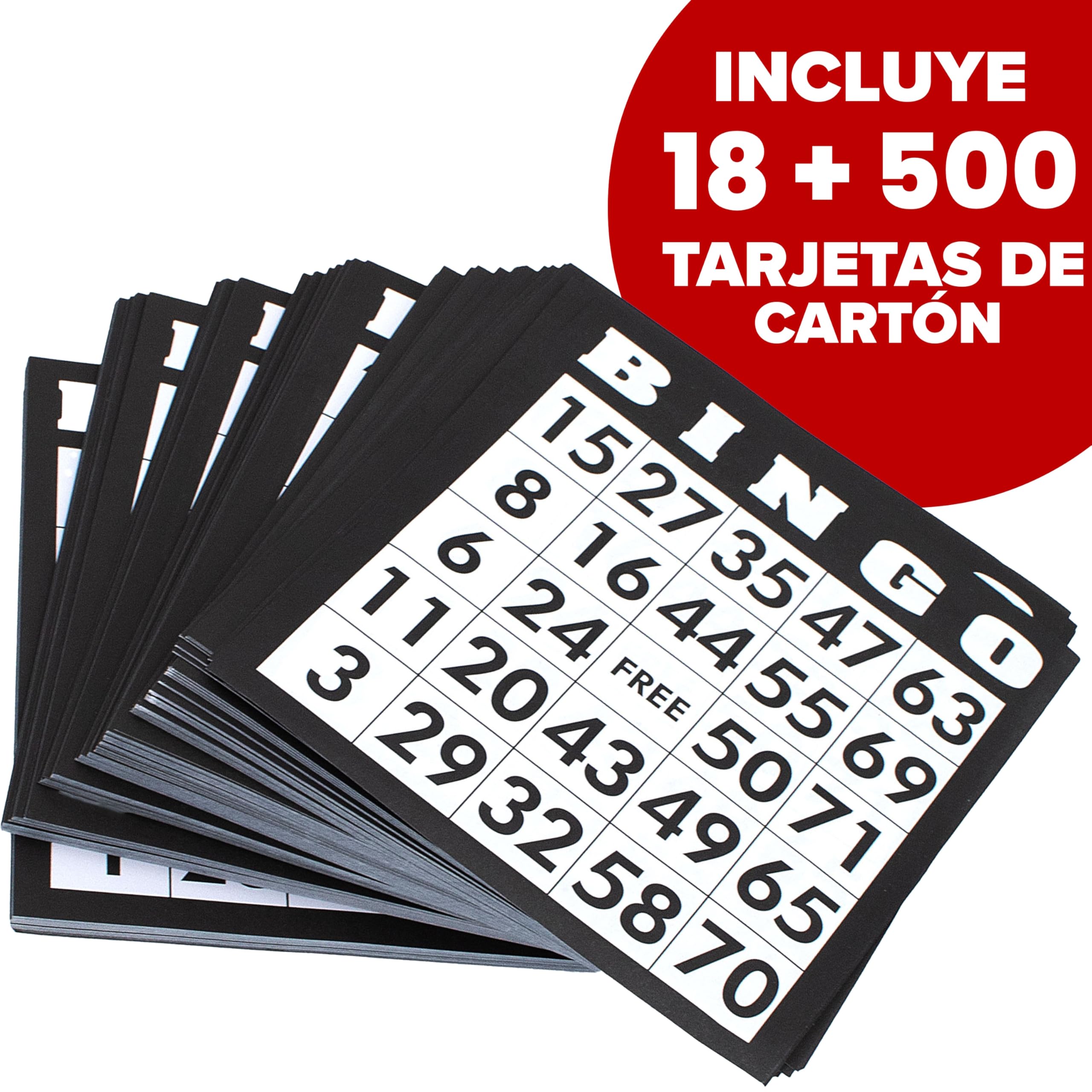 Kyto Gran Juego de Bingo Dorado de Metal con 150 fichas, 75 Bolas de Bingo y Tablero de Juego de Madera, 18 Tarjetas de Bingo estables + 500 Tarjetas de Bingo de Papel para Adultos y niños