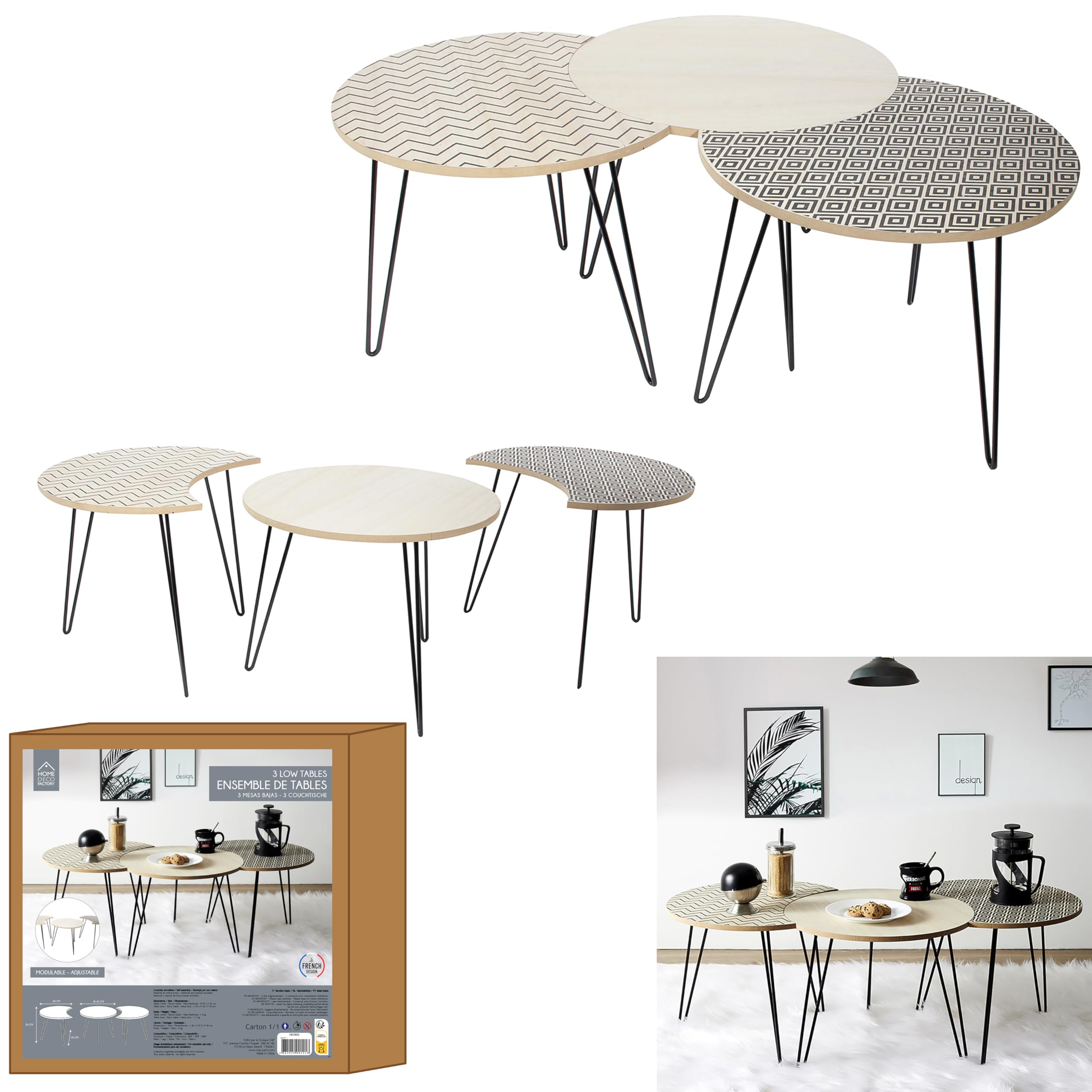 HOME DECO FACTORY HD3882 Set 3 MESAS AUXILIARES Puzzle, Polyester, Beige/Nero, 45 x 45 x 36 cm
