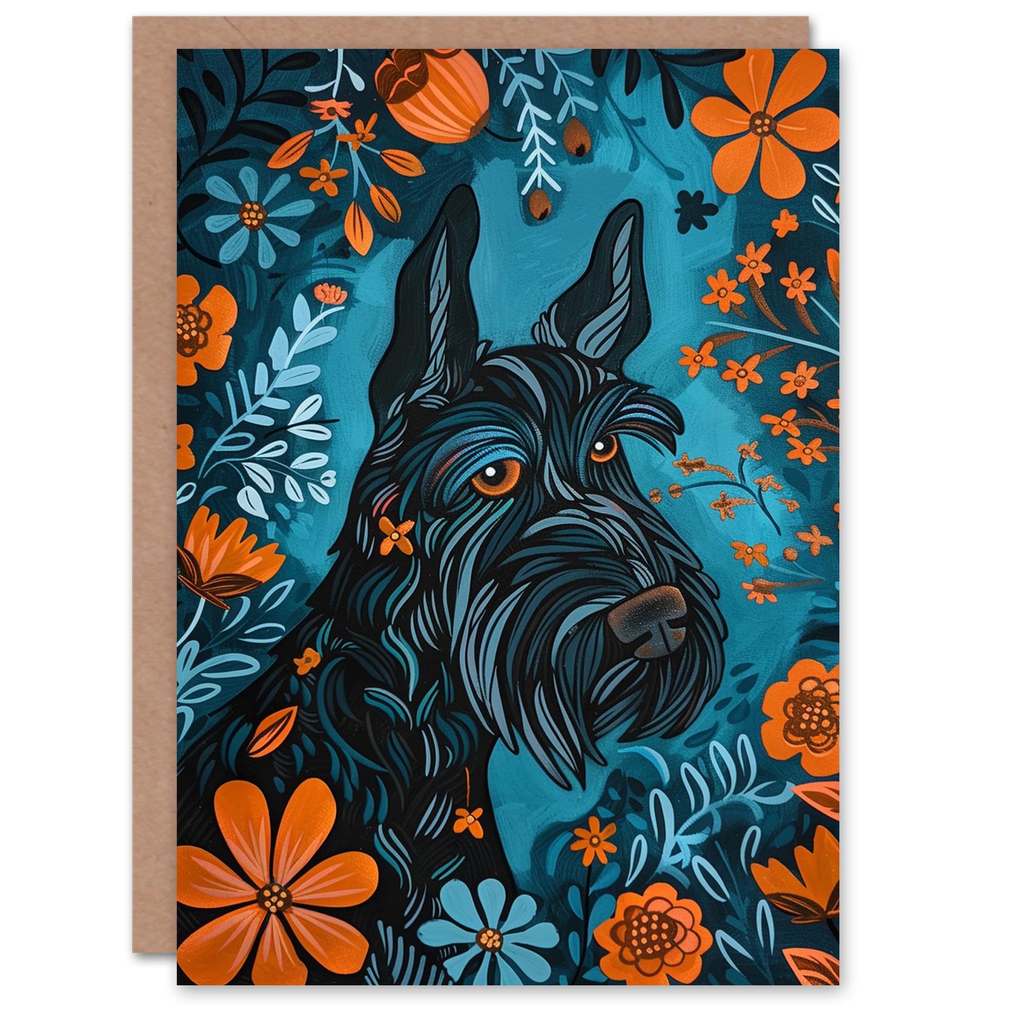 Artery8 Scottish Terrier Blue Orange Floral Dog Lover Blank For Him Or Her Art Birthday Card