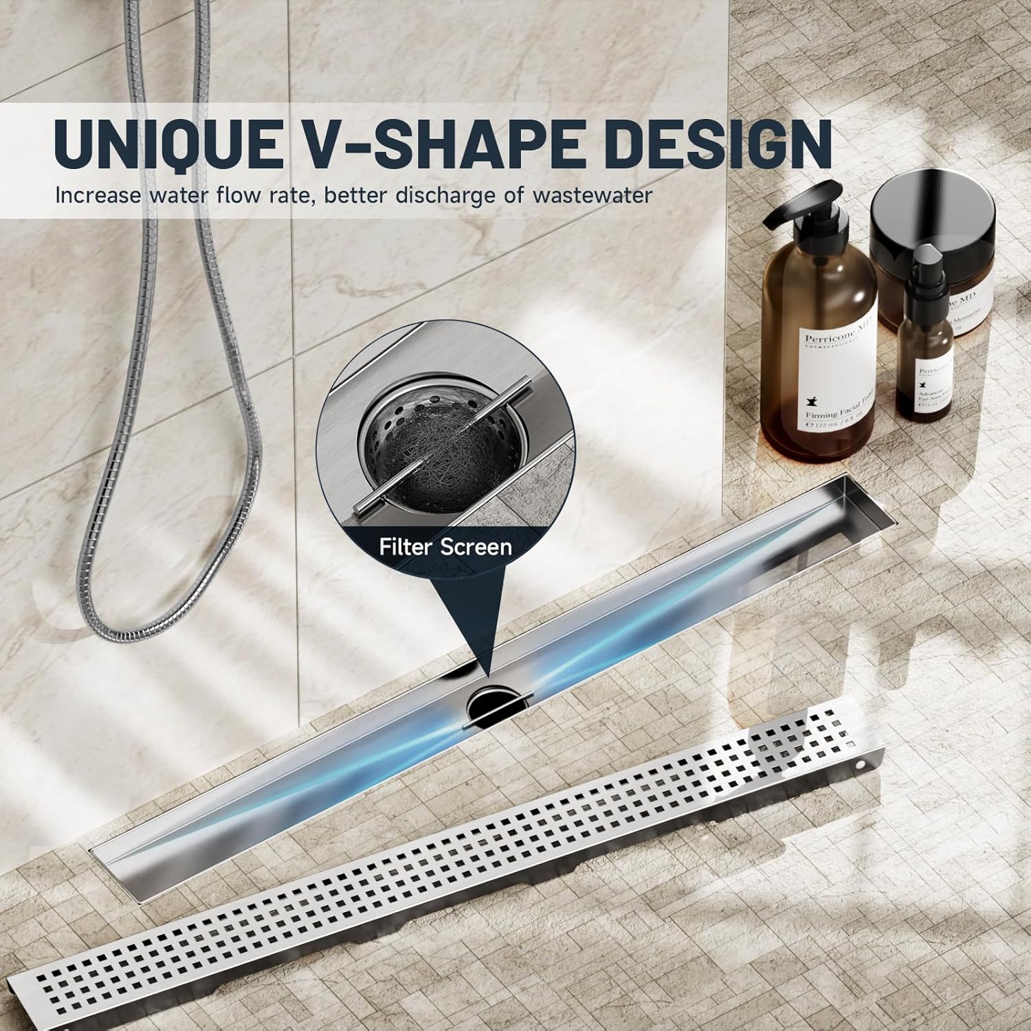 28 Inch Linear Shower Drain with Brick Pattern Grate, SUS 304 Stainless Steel Bathroom Floor Drain, Rectangular Hair Catcher Shower Drain with Leveling Feet, Hair Strainer, Brushed Nickel