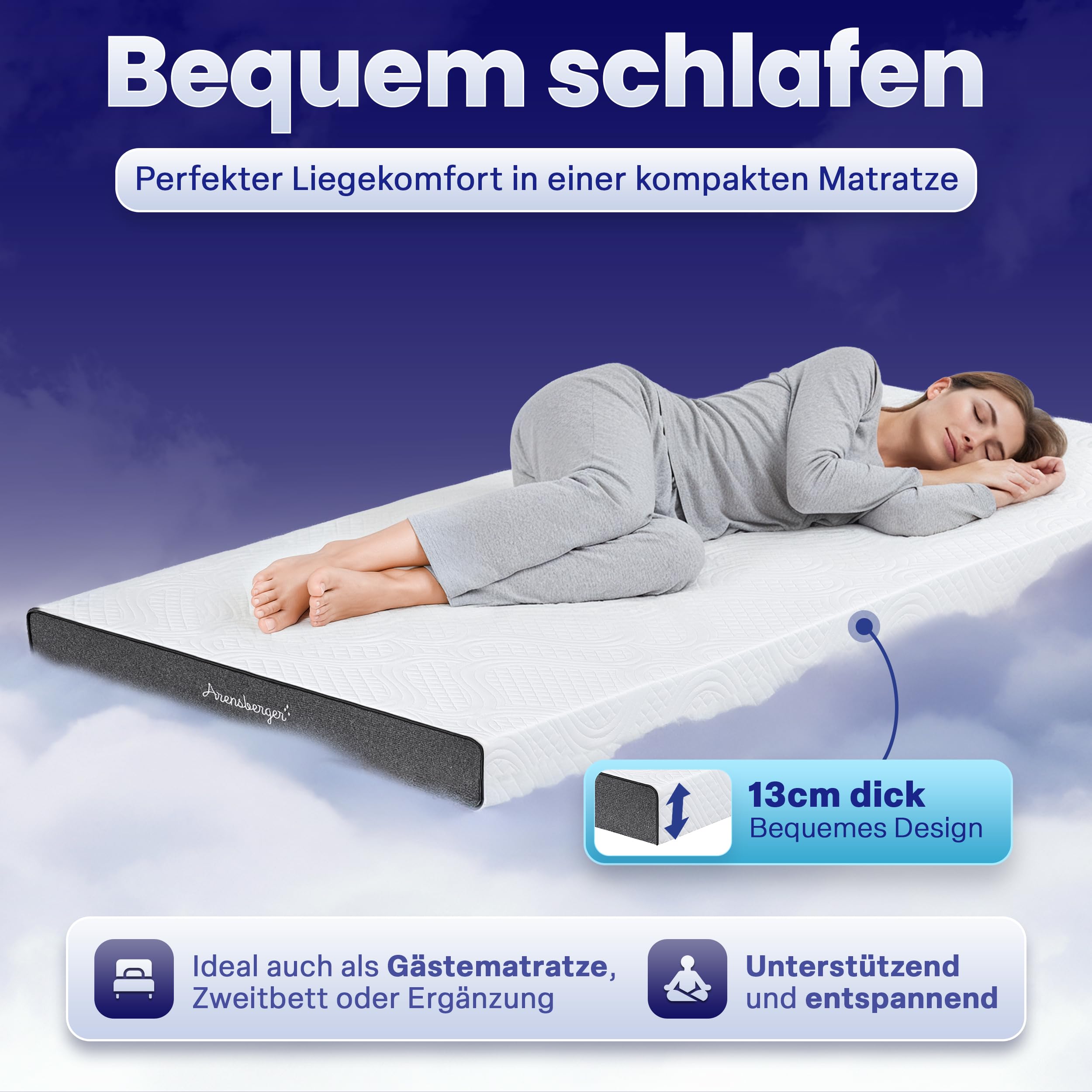 Arensberger Kindermatratze Jugendmatratze, 120x200cm 13cm hoch, Alter 5 bis 16 Jahre, Bezug | punktelastischer Gelschaum | waschbarer & Abnehmbarer Premium Bezug Allergiker freundlich