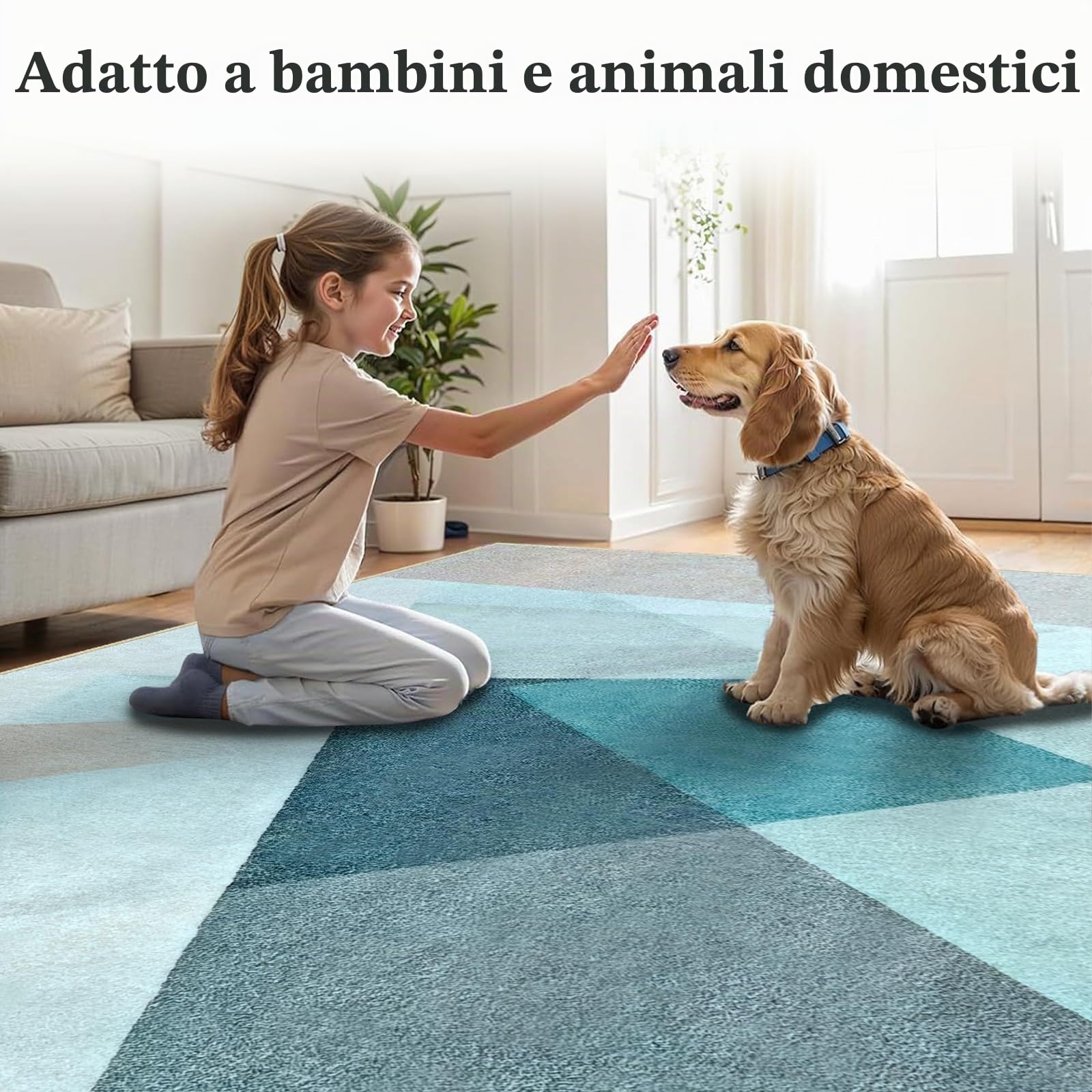 Tappeto Geometrico Moderno per Soggiorno, 140 x 200 cm | Lavabile in Lavatrice, Antiscivolo, Morbido Pelo Corto | Tappeto Astratto di Lusso per Salotto e Camera, Ottanio, Blu e Grigio