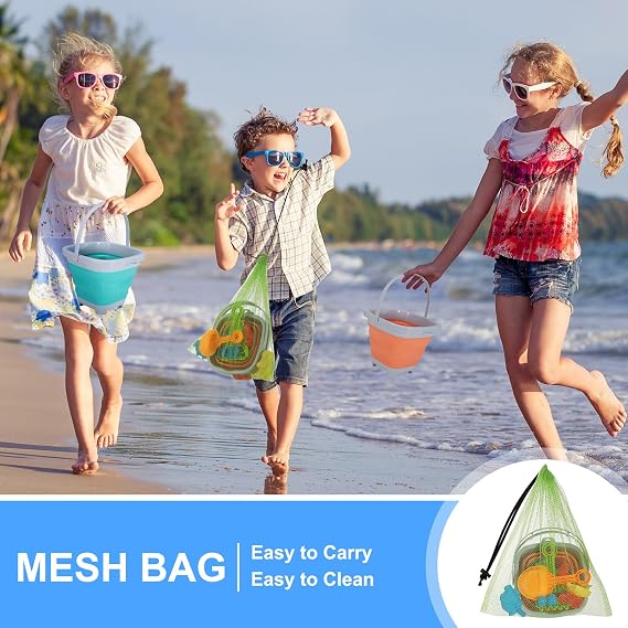 GSrenyu 21Pcs Beach Toy Set,Foldable Beach Bucket | Play Sand Toys Kit Outdoor Fun Tools with Sea Animals Molds Sand Shovels Mesh Bag for Kids Boys Girls