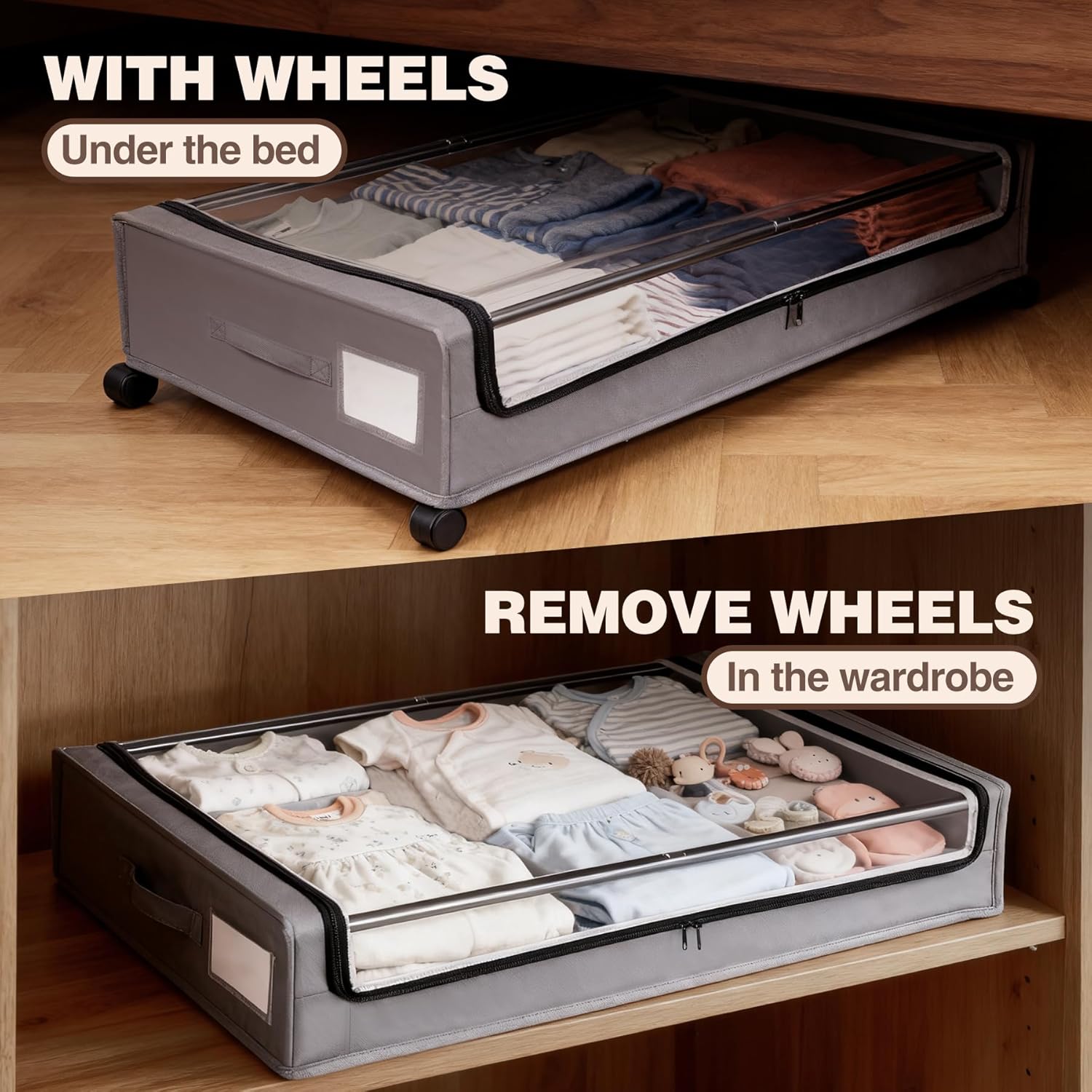 Under Bed Storage with Wheels, 2 Pack Under bed Storage Containers,XXL 60L Rolling Under bed Storage Bins for Clothes, Shoes, Blankets in Bedroom, Dorm,Grey