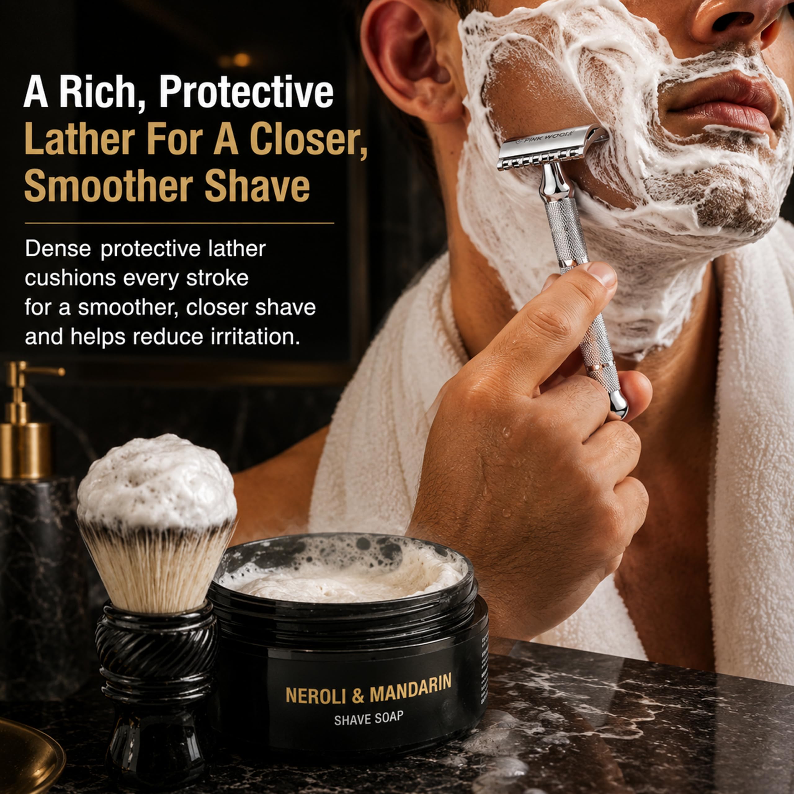 Pink Woolf Luxury Shaving Soap for Men - Neroli & Mandarin | Rich Creamy Lather for Wet Shaving | Smooth Razor Glide | Traditional Shave Soap for Safety Razor, Shaving Brush & Straight Razor | 50g
