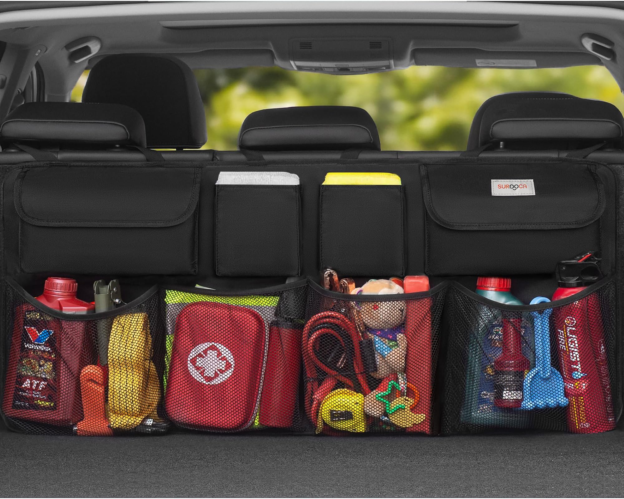 SURDOCA Mesh Car Inside Trunk Organizer, 3Rd Gen [7 Times Upgrade] Super Capacity Car Hanging Organizer, Equipped With 4 Magic Stick, Car Trunk Tidy Storage Bag With Lids, Space Saving Expert, Black