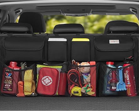 SURDOCA Car Boot Organiser 3rd Gen [7 times Upgrade] Super Capacity Car Organiser, Equipped With [Robust Elastic Net & 4 Magic Stick] Tidy Storage Bag, Space Saving Exper,Black