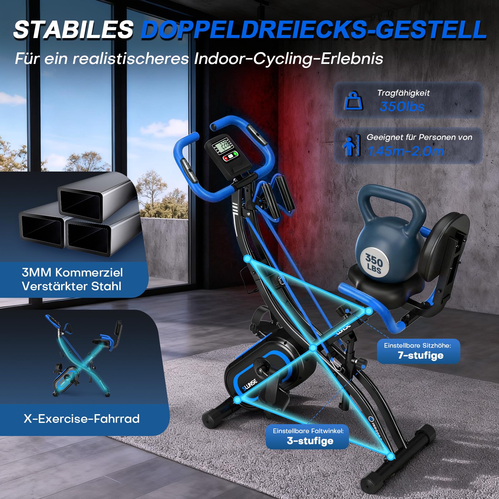 Heimtrainer Fahrrad mit App, Neu Hometrainer Fahrrad mit stabilem Doppeldreieckrahmen, Klappbar Ergometer Heimtrainer mit 10dB extra Leise, Indoor Bike für Kardio-Training zu Hause, Bis 160KG