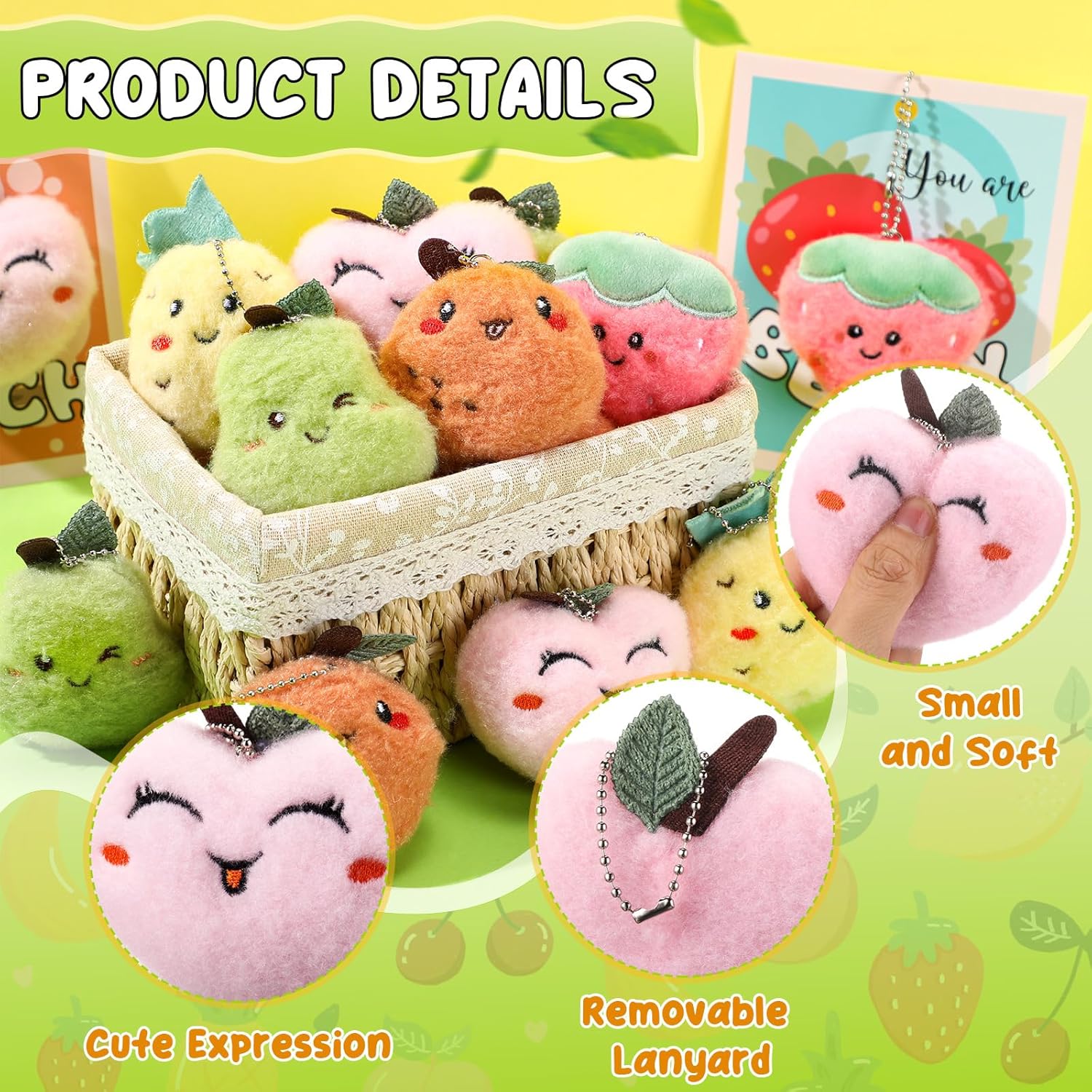 25 Pack Valentine's Day Gifts Fruits Plush Keychains with Valentine Cards Cute Fruit Plushies Funny Keychains Party Favors Stuffed Animals Toys for Gift Exchange