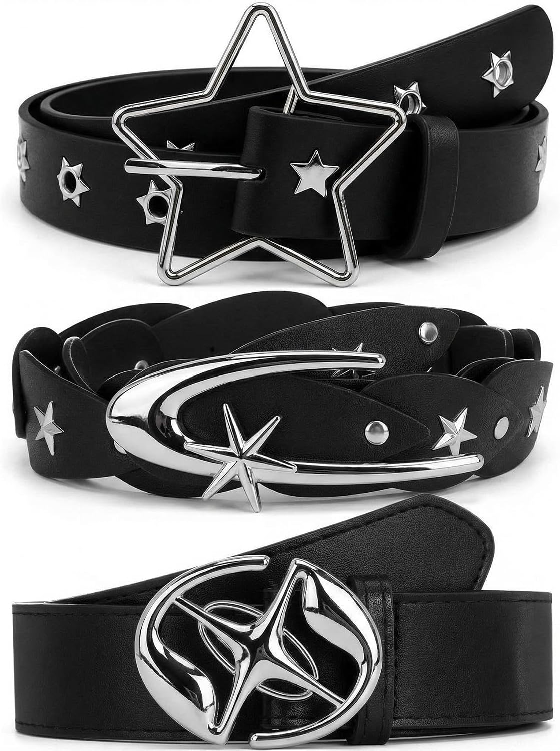 Quelay 3 Pcs Studded Belt Star Y2k Belt Adjustable Gothic Punk Y2k Accessories for Hippie Skateboarding Enthusiasts Fashion Grunge Gift