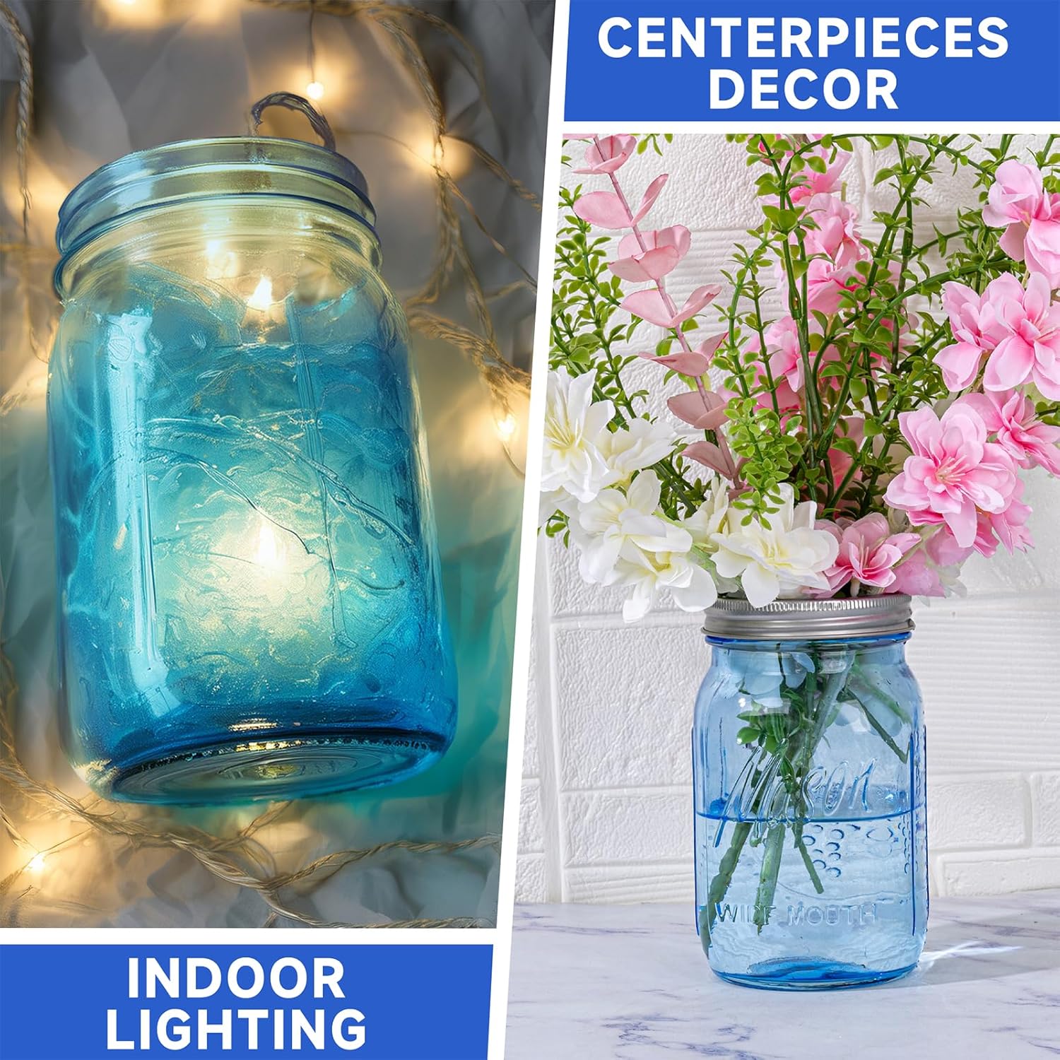 WELLIFE Wide Mouth Mason Jars,12 Pack Blue Mason Jars 32 OZ,Mason Jar for Decor Canning & DIY Crafts,Food Storage,Fermenting,Pickling,Meal Prep