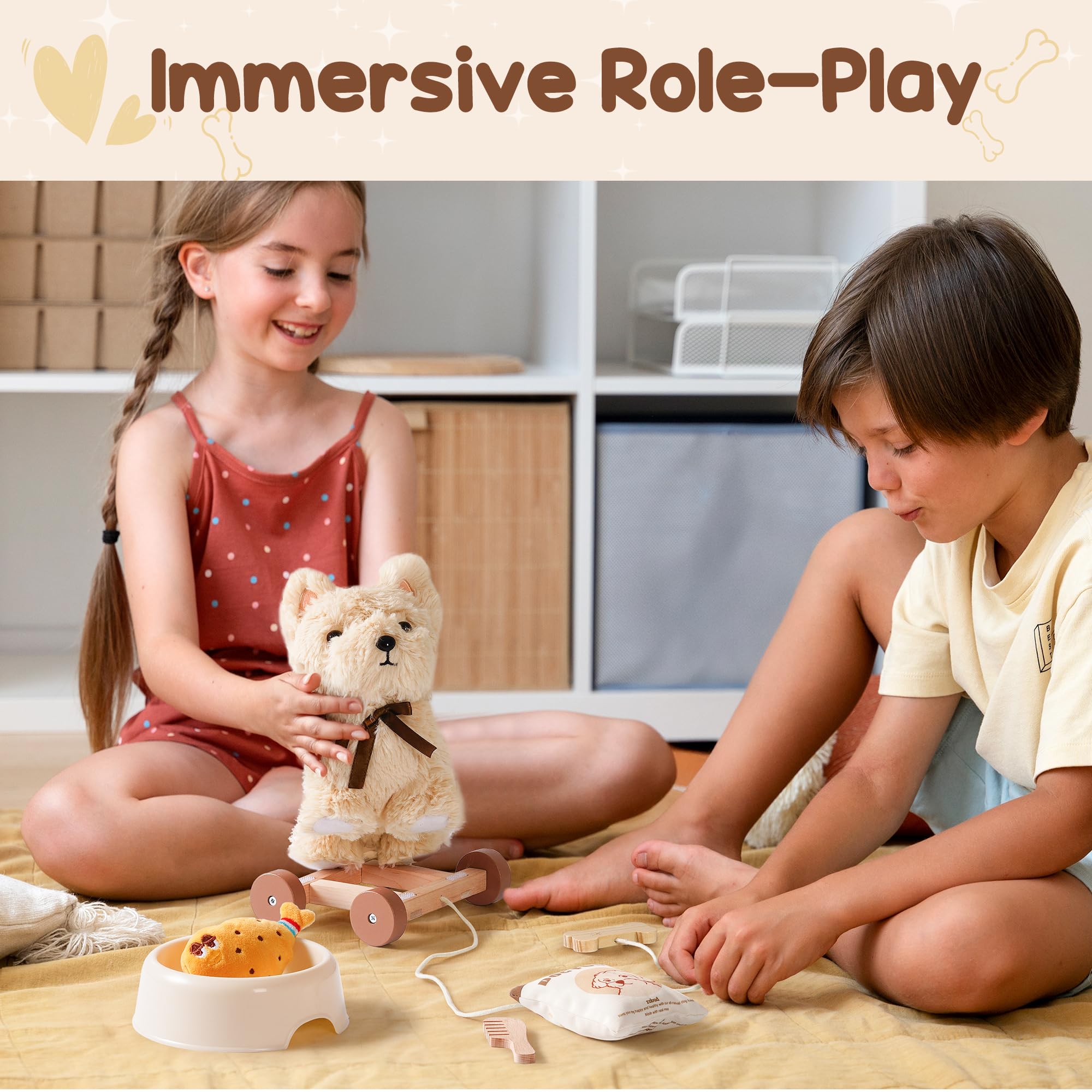ROBUD Hund Spielzeug Kinder, 2-in-1 Nachziehtiere Spielzeug & Tierpflege Rollenspielset mit Holz Hundehütte & Abnehmbaren Rädern, Zubehör, Holzspielzeug Geschenk für Jungen Mädchen ab 2 3 Jahren