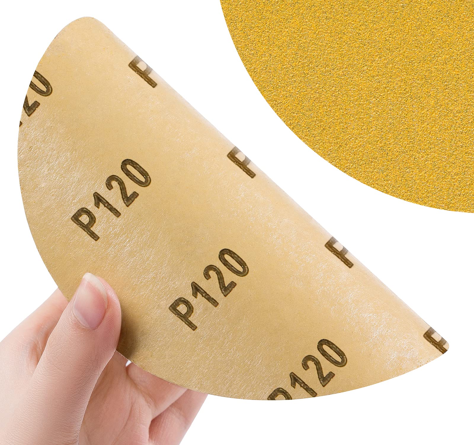 CowboyBOB 100 discos de lija PSA de grano 120 de 6 pulgadas, papel de lija pegajoso, papel de lija de óxido de aluminio con parte trasera adhesiva, aplicable al procesamiento de madera, pulido de