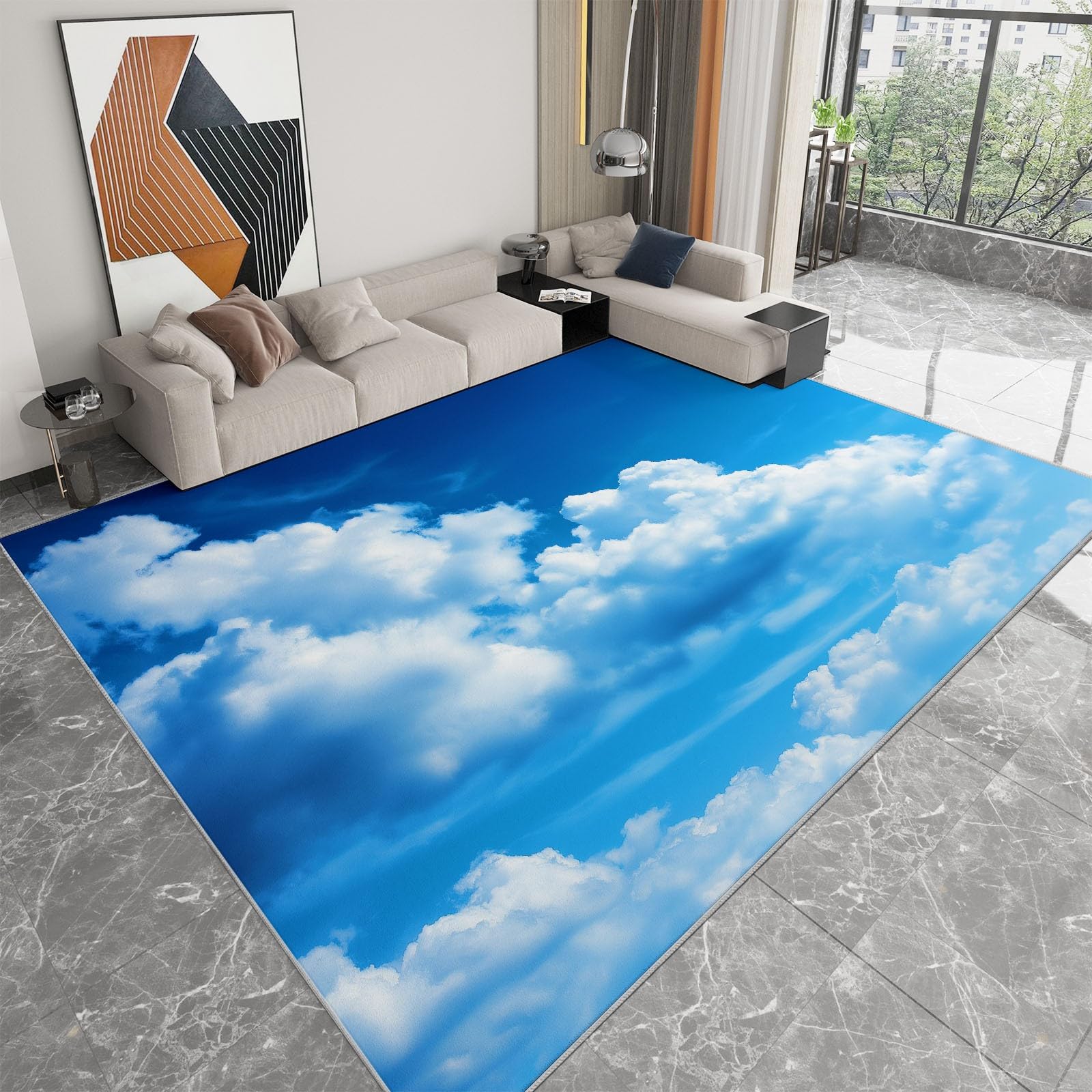Zmywalny dywanik 140 x 200 cm do pokoju dziecięcego, letnie, błękitne niebo, białe chmury, antypoślizgowy dywan do sypialni, krajobrazu, niski runo, dywan do salonu, jadalni, biura, pokoju gier